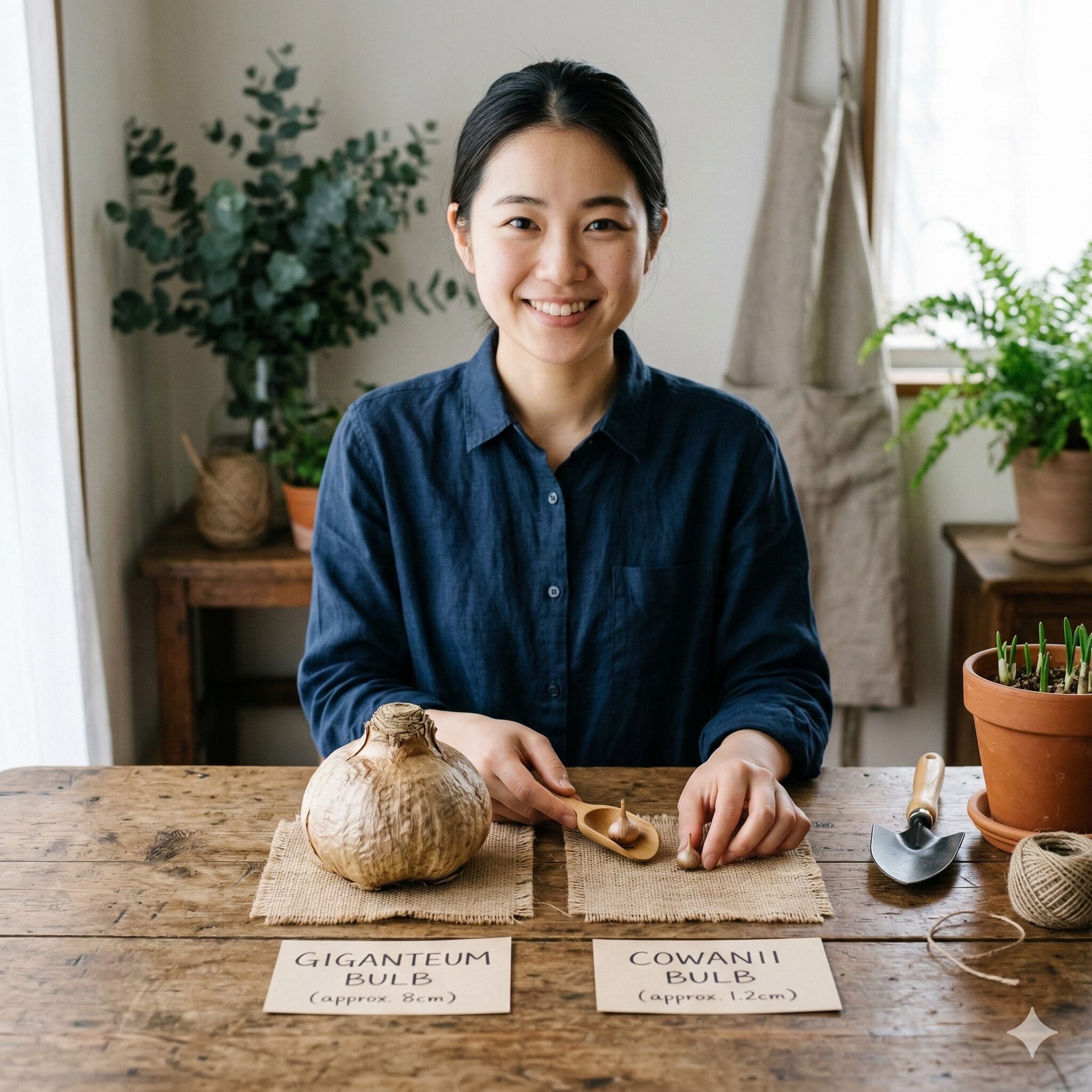 アリウム球根掘り上げ3 大球性品種と小球性品種のアリウム球根のサイズ比較