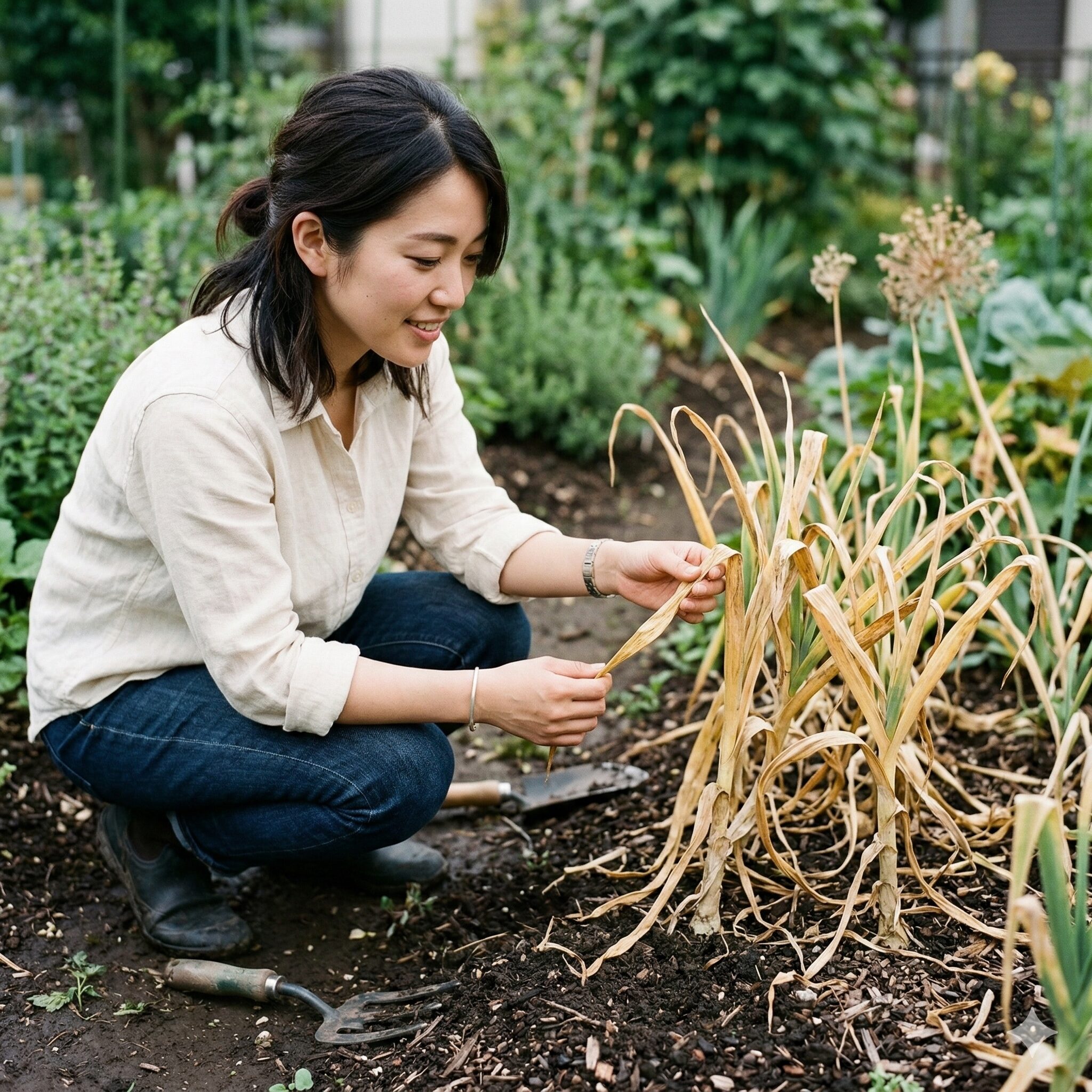 アリウム球根掘り上げ4 掘り上げのサインとなる黄色く枯れ始めたアリウムの葉