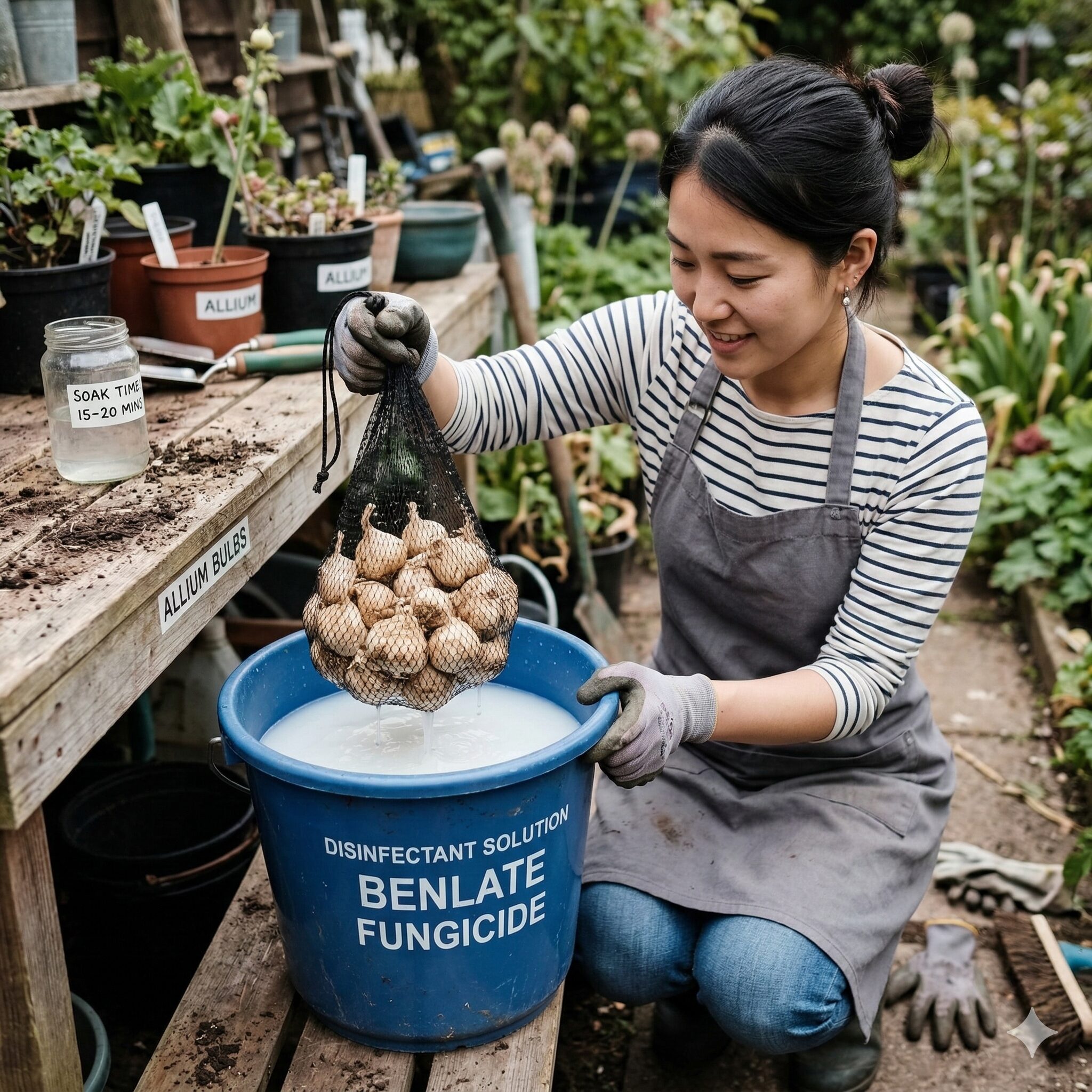 アリウム球根掘り上げ7 殺菌剤ベンレートの希釈液に球根を浸して消毒する工程