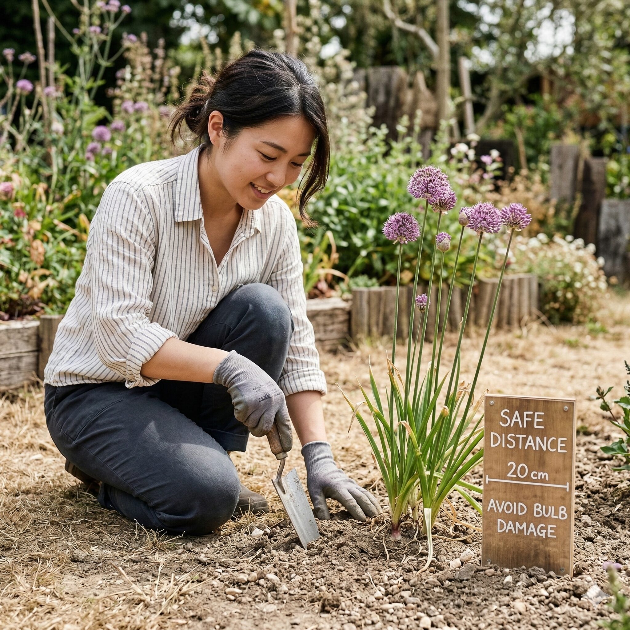 アリウム球根掘り上げ 球根から十分な距離を保ってシャベルを入れる正しい掘り上げ方