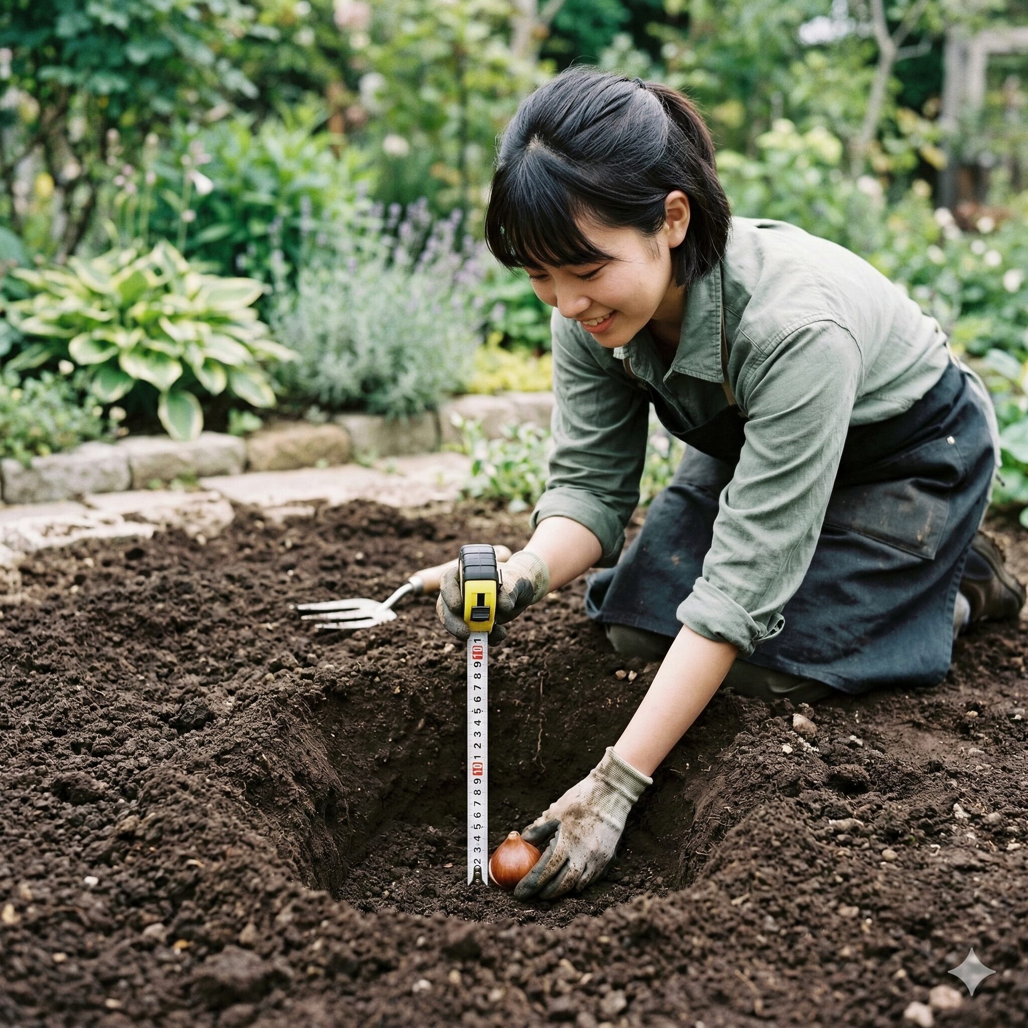 アリウム球根掘り上げ9 メジャーで深さを確認しながら球根を植え付ける正しい深さの目安