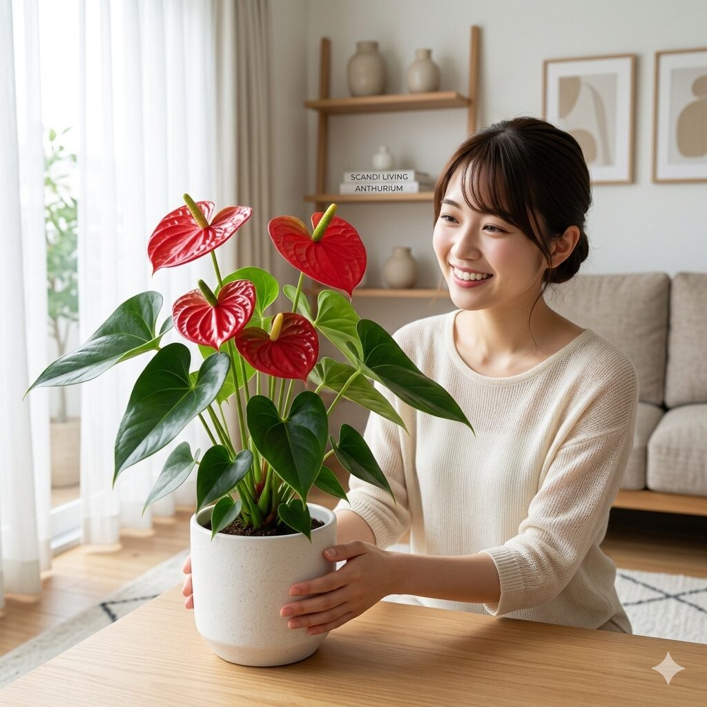 アンスリウム 土 配合1　室内でおしゃれに飾られた健康的な赤い花のアンスリウム