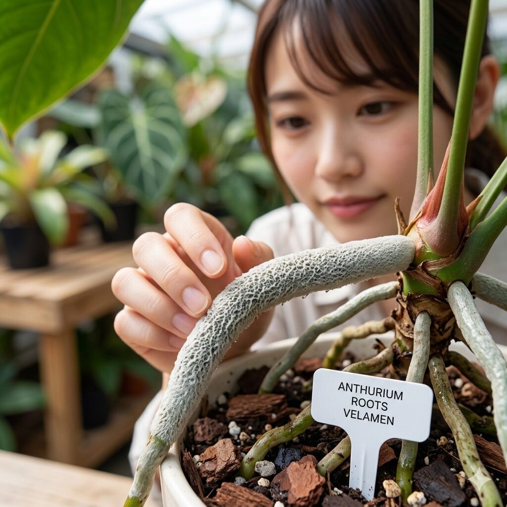 アンスリウム 土 配合2 アンスリウムの太い根と空気を取り込むスポンジ状の根被組織のアップ