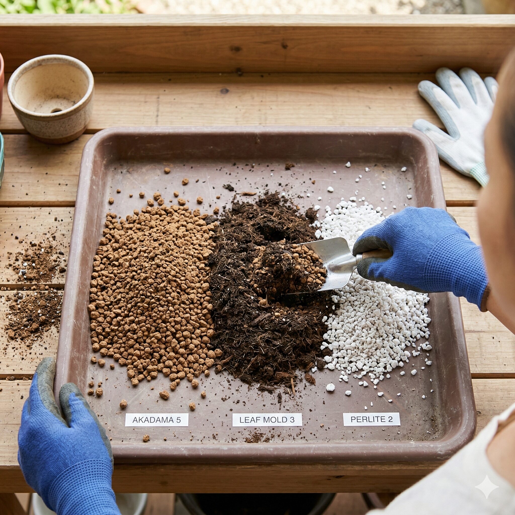 アンスリウム 土 配合3 赤玉土・腐葉土・パーライトを混ぜて作るアンスリウムの基本用土