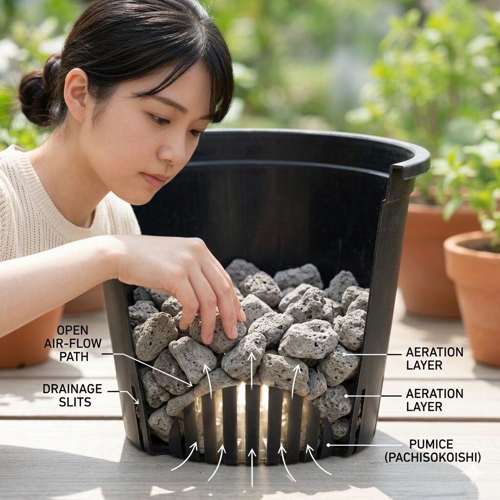 アンスリウム 土 配合8 根腐れを防ぐためにスリット鉢の底に敷き詰めた鉢底石