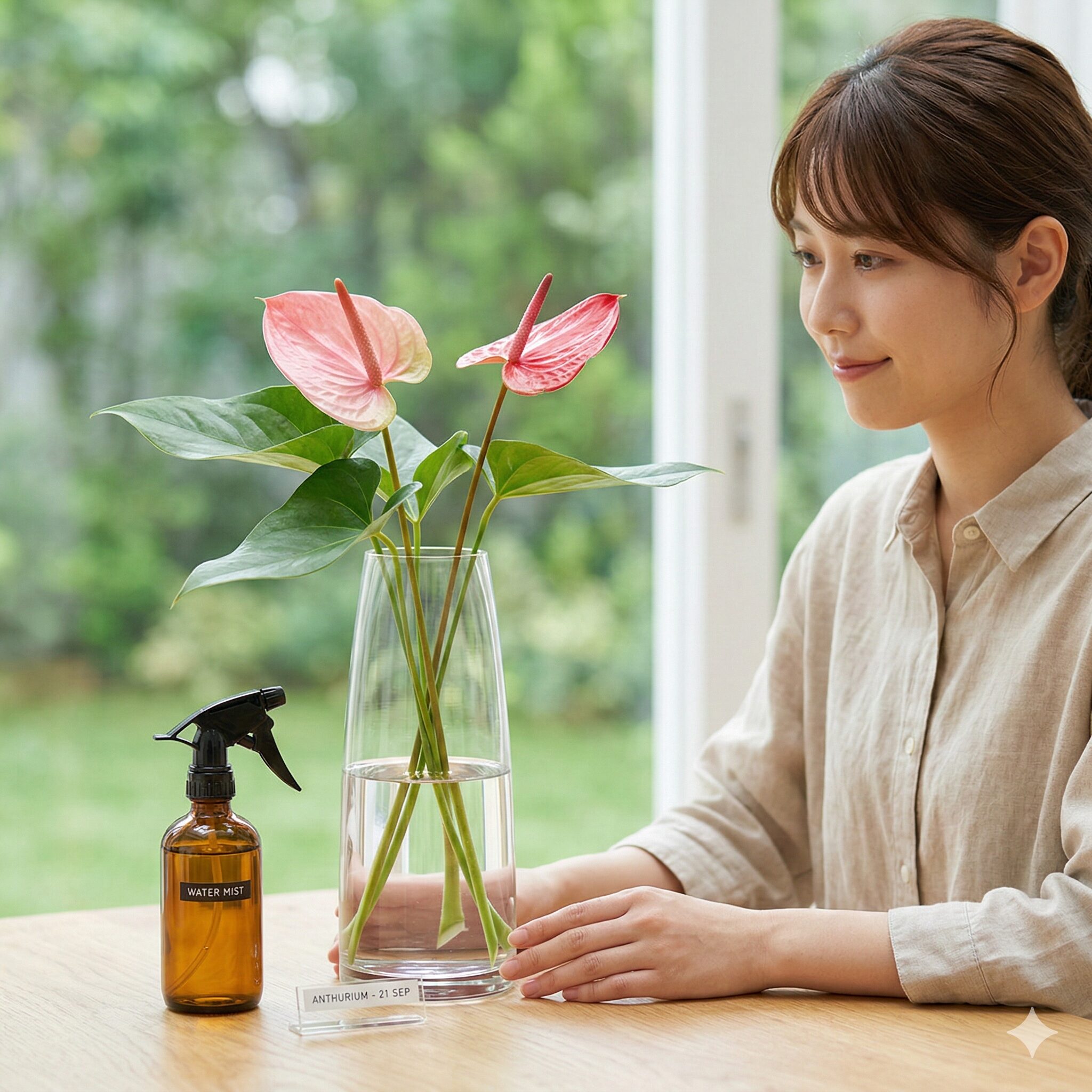 アンスリウム 寿命2　花瓶で長持ちさせるために茎を切り戻したアンスリウムの切り花