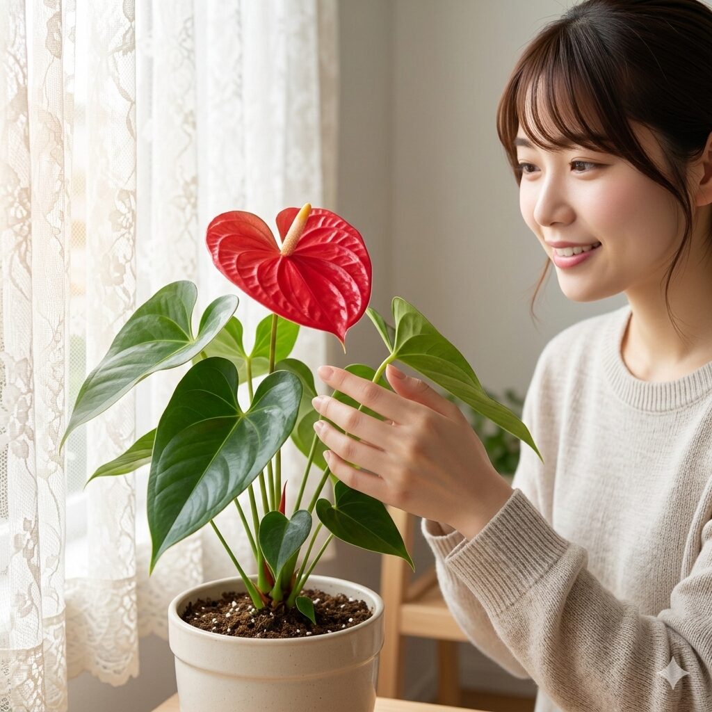 アンスリウム 寿命3　レースのカーテン越しに柔らかな光を浴びるアンスリウムの置き場所