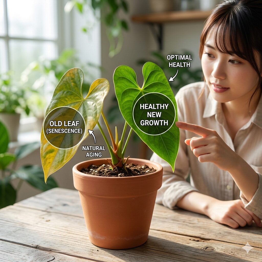 アンスリウム 寿命4　アンスリウムの葉が黄色くなる原因を確認するための比較写真