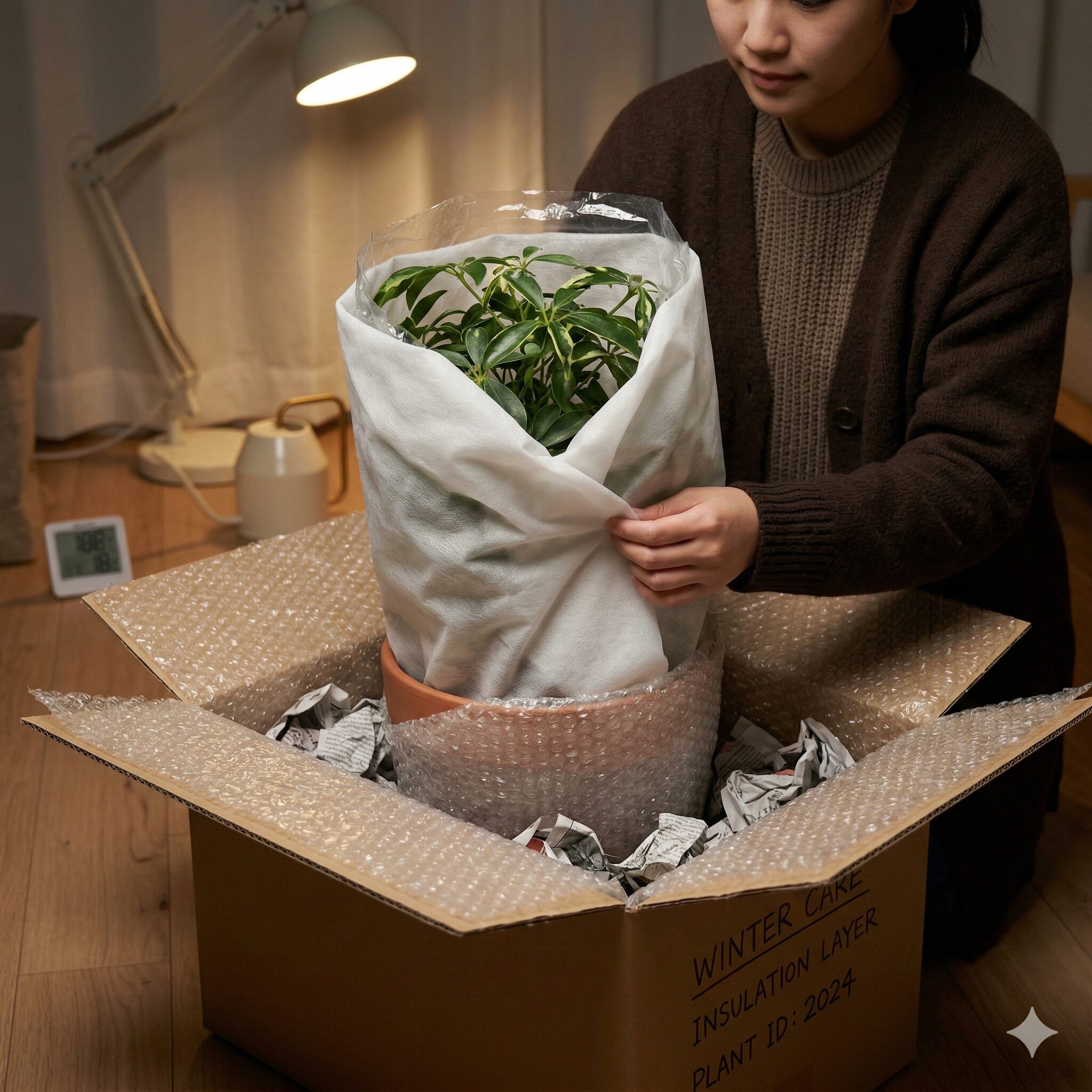 アンスリウム 寿命5　冬の寒さからアンスリウムを守るための段ボールと不織布による保温対策