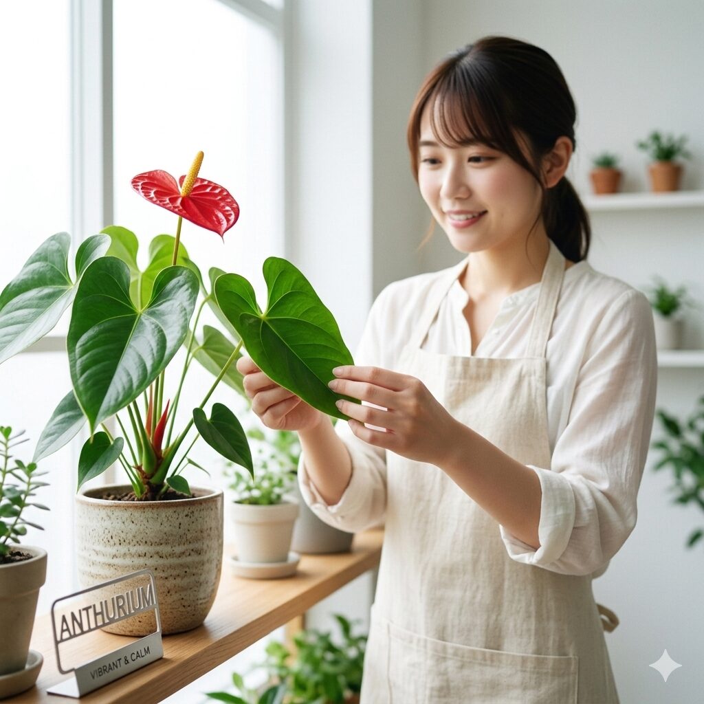 アンスリウム 枯れた花 切る1　室内で美しく咲くアンスリウムの鉢植えとお手入れをする様子