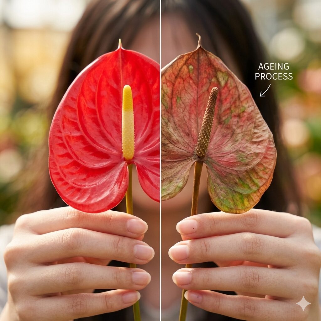 アンスリウム 枯れた花 切る2 アンスリウムの鮮やかな赤い花と、剪定時期の目安となる緑色に変色した花の比較