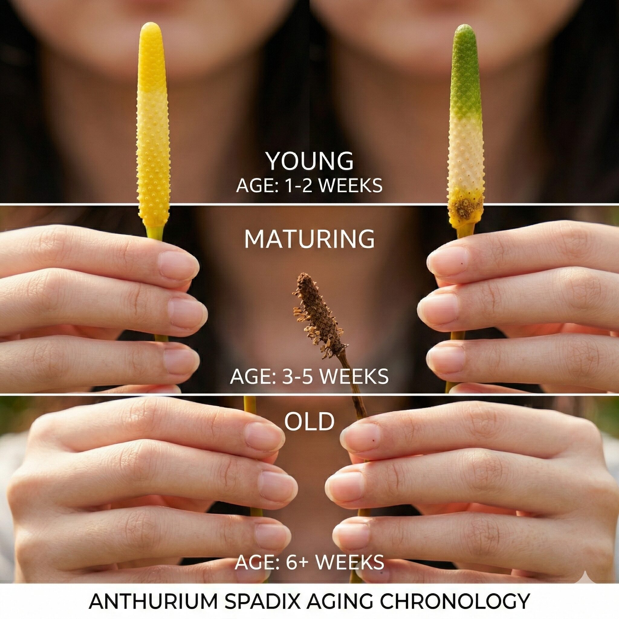 アンスリウム 枯れた花 切る3 アンスリウムの肉穂花序の色の変化。黄色から緑、茶色へと変わる寿命の判断基準