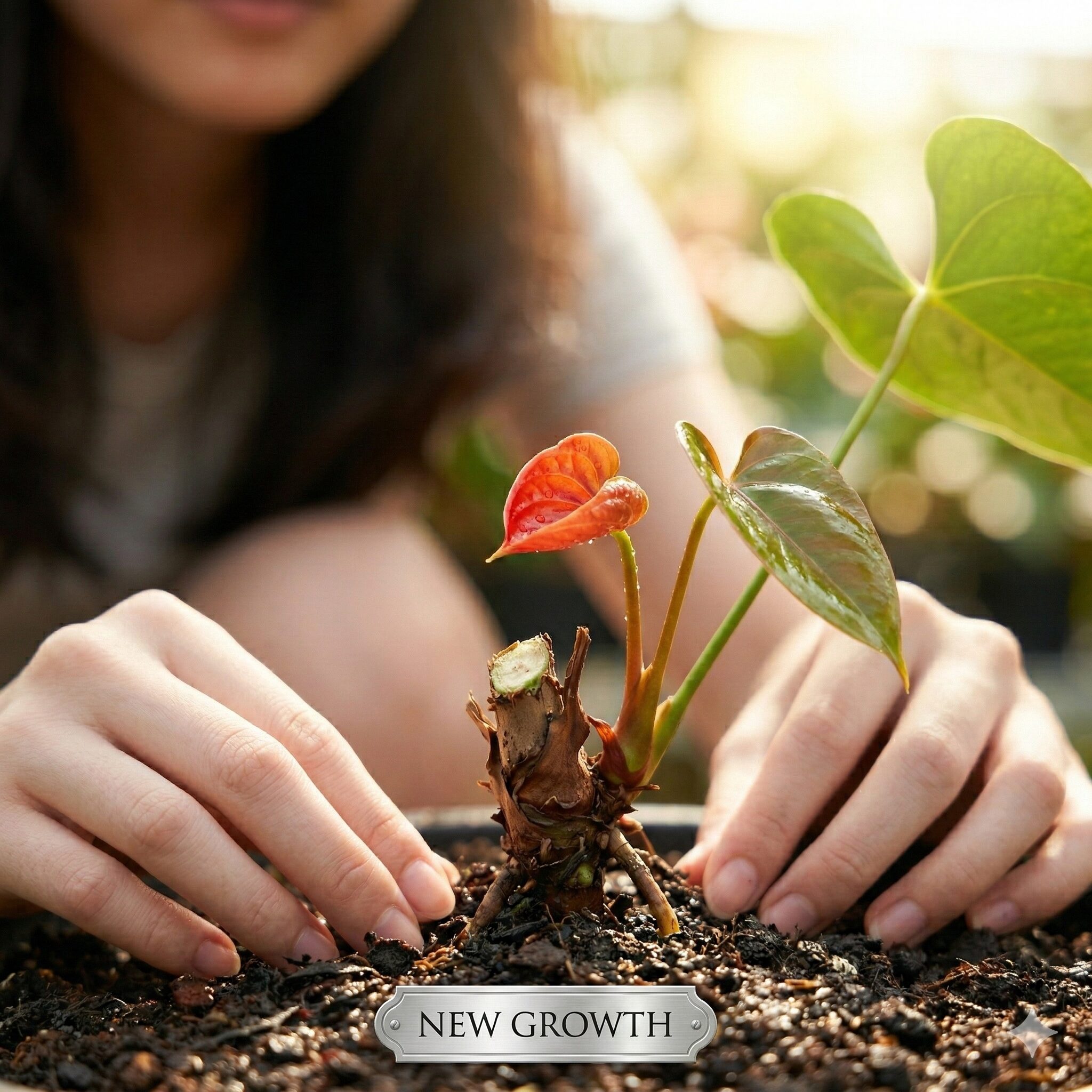 アンスリウム 枯れた花 切る4 剪定後にアンスリウムの株元から新しく芽吹いた元気な花芽と新葉