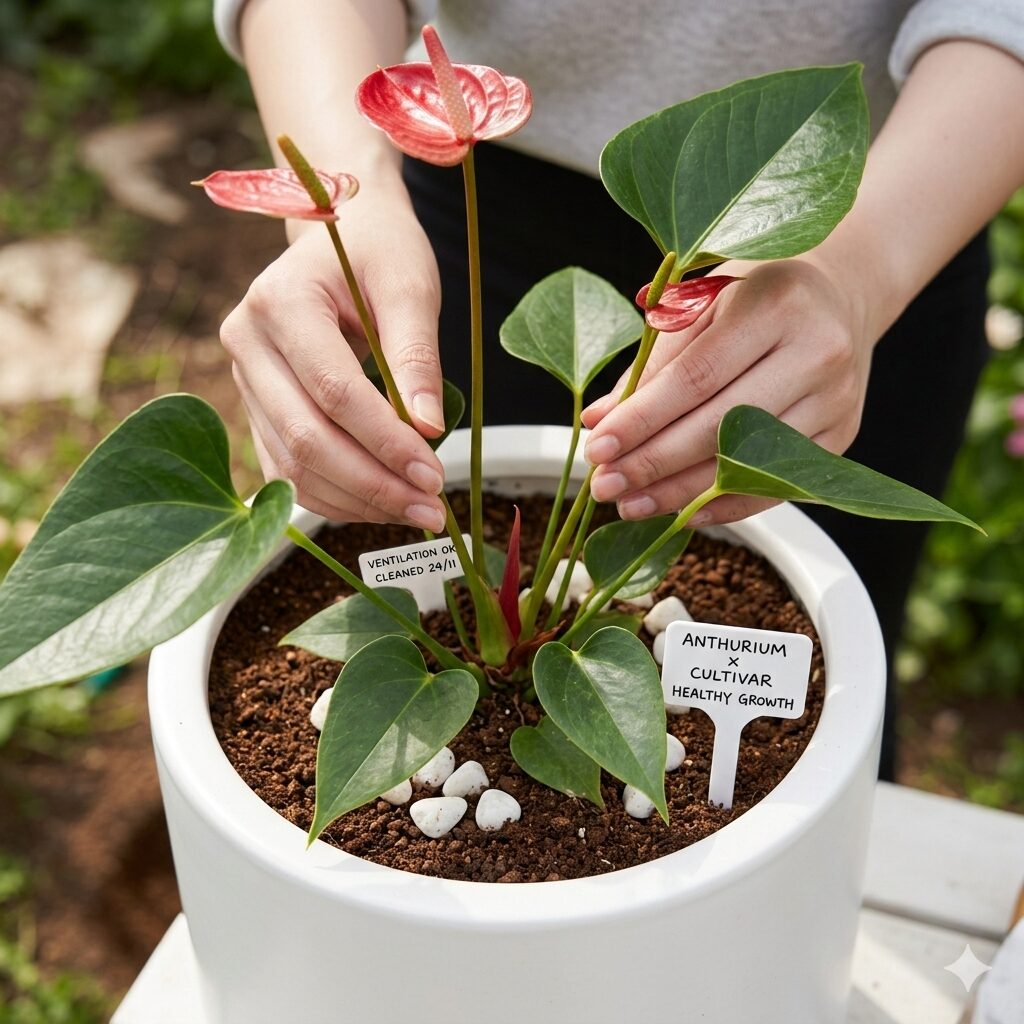 アンスリウム 枯れた花 切る5 剪定によって通気性が良くなり、病気を予防できるアンスリウムの清潔な株元