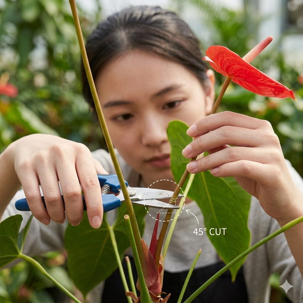 アンスリウム 枯れた花 切る7 アンスリウムの枯れた花茎を根元から斜め45度の角度でカットする正しい剪定方法