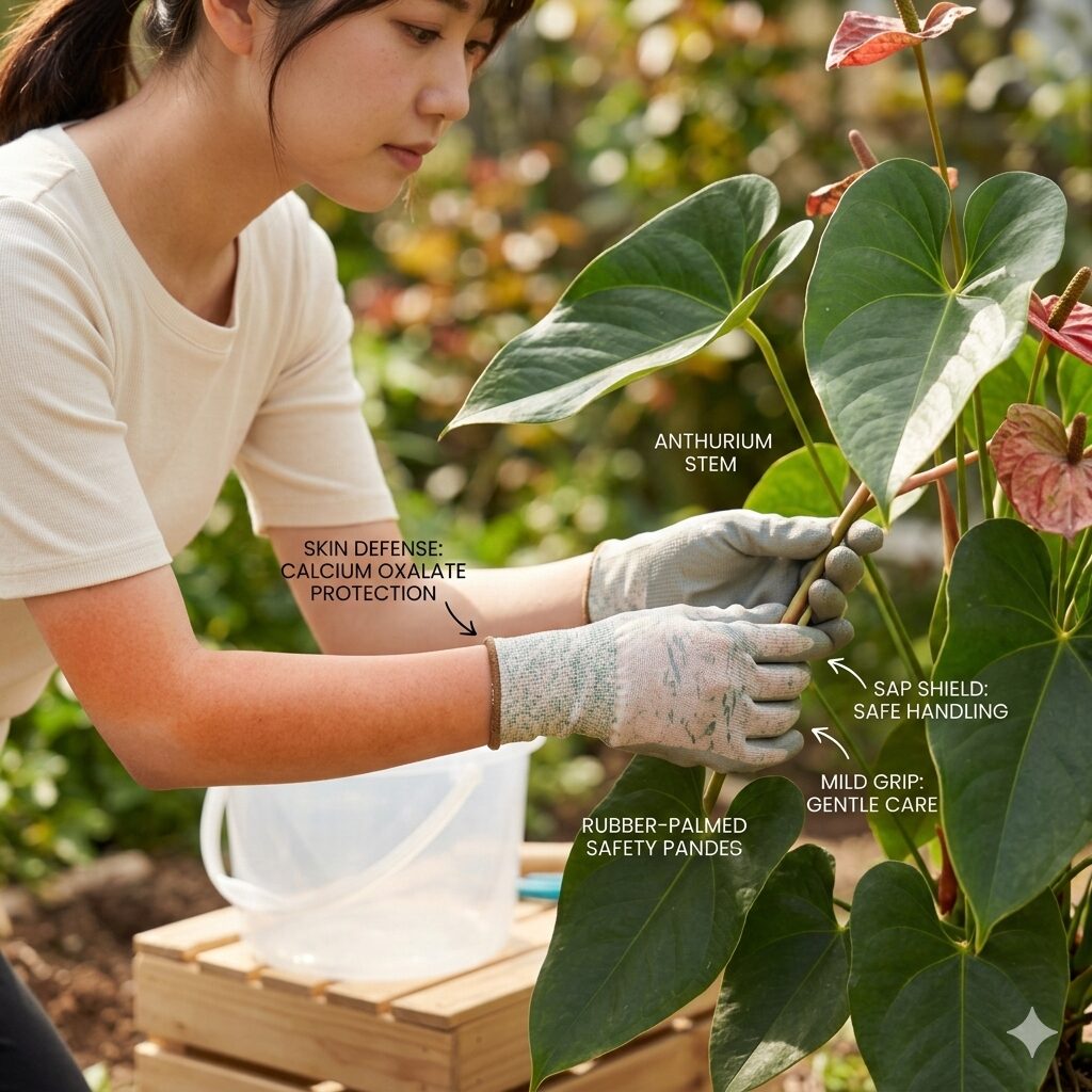 アンスリウム 枯れた花 切る8 アンスリウムの樹液から手を守るためにガーデニンググローブを着用して作業する様子