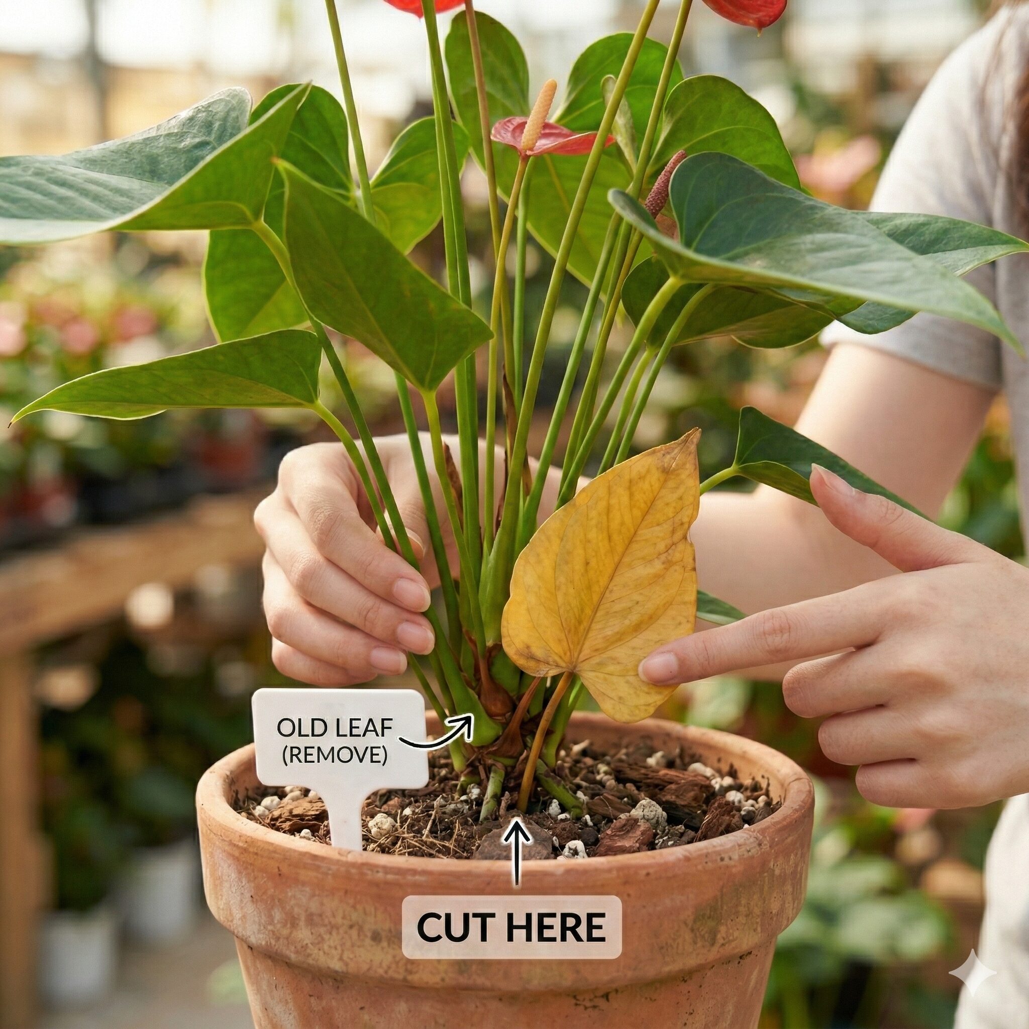 アンスリウム 枯れた花 切る9 アンスリウムの寿命で黄色く変色した古い葉。除去すべき葉の判別方法