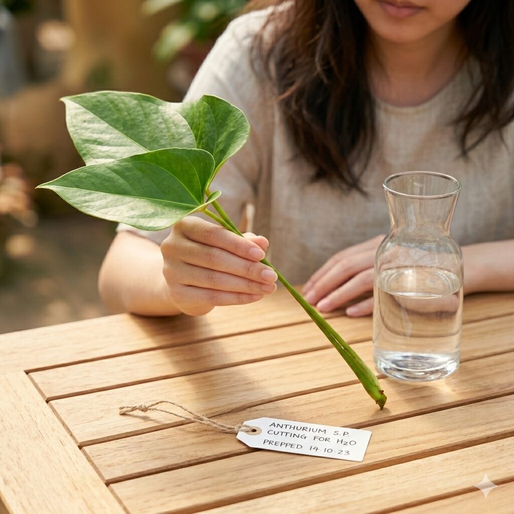 アンスリウム 水差し1　おしゃれなガラス瓶に飾られた赤いアンスリウムの水差し栽培と明るい室内の様子