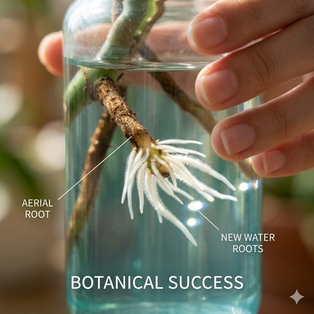 アンスリウム 水差し10 水差し開始から数週間後にアンスリウムの気根から新しく伸びてきた白い根