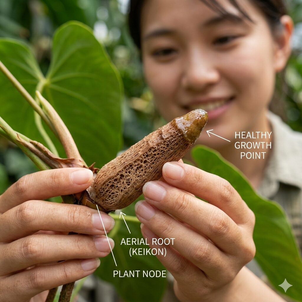 アンスリウム 水差し2 アンスリウムの茎の節から成長している健康で太い茶色の気根の接写