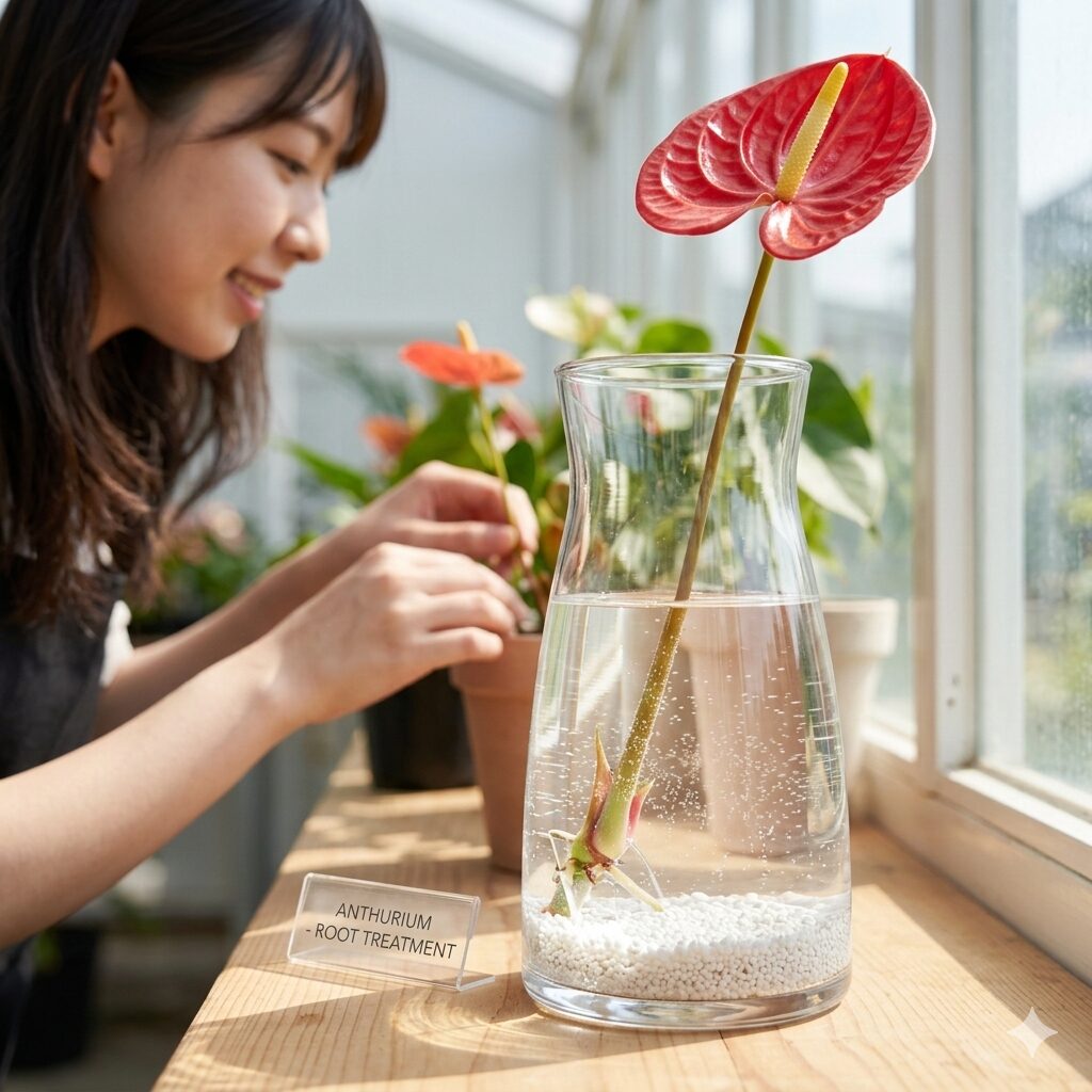 アンスリウム 水差し5 アンスリウムの水差し容器の底に敷いた根腐れ防止剤ミリオンAと清潔な水道水