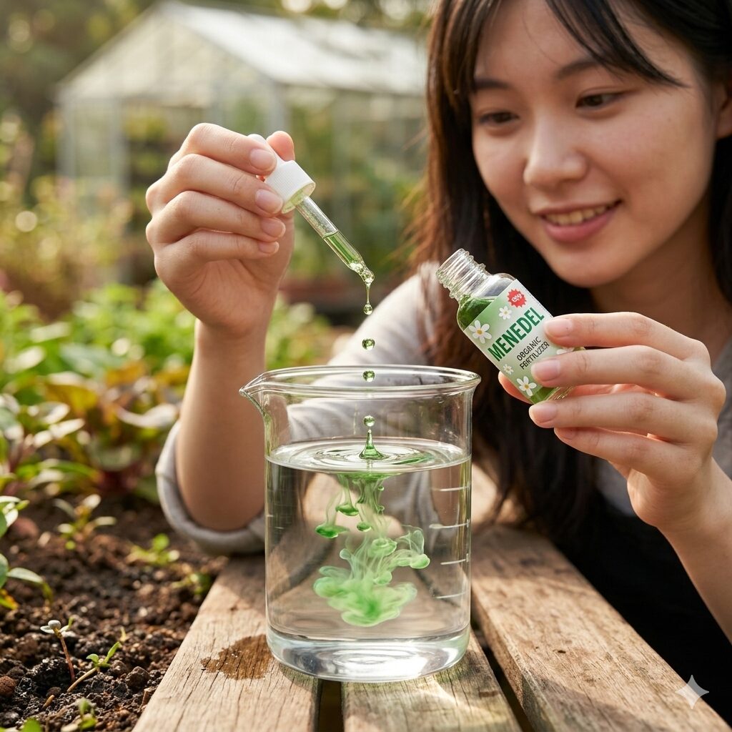 アンスリウム 水差し6 アンスリウムの発根を促すために水差し容器へ活力剤メネデールを添加する様子