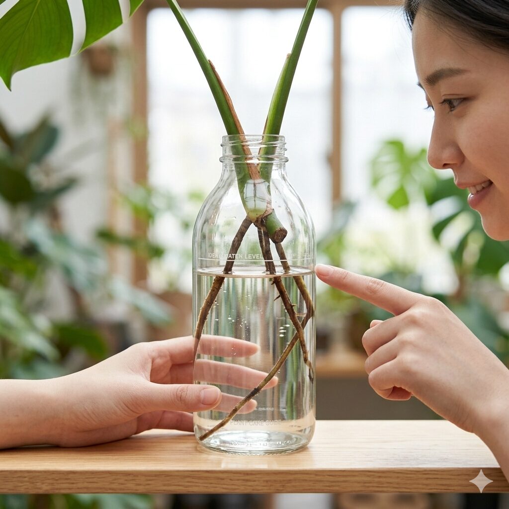 アンスリウム 水差し7 茎の付け根を腐らせないためのアンスリウム水差し栽培の理想的な水位バランス
