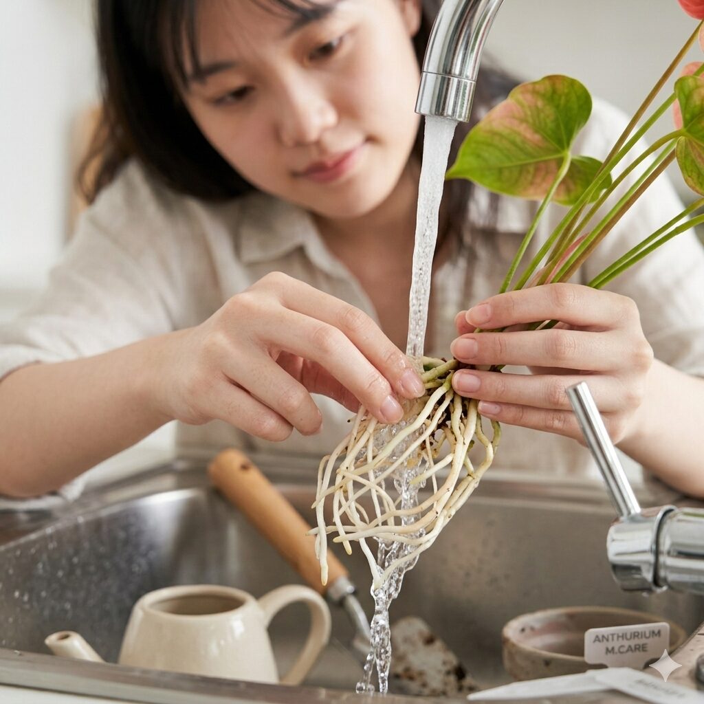 アンスリウム 水差し8 水替えの際にアンスリウムの根を流水で優しく洗ってメンテナンスする様子