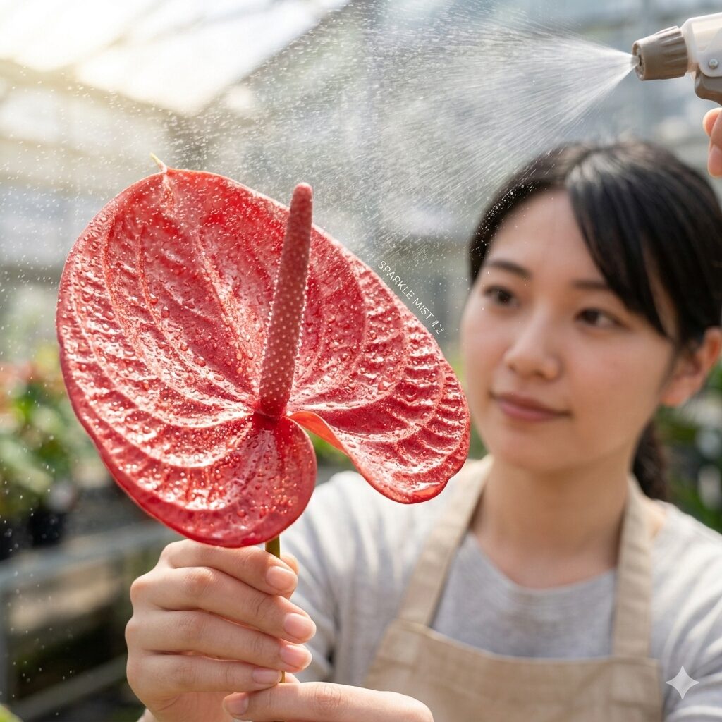 アンスリウム 水差し9 アンスリウムの葉の表裏に霧吹きで薄い液体肥料を散布する葉面散布の様子