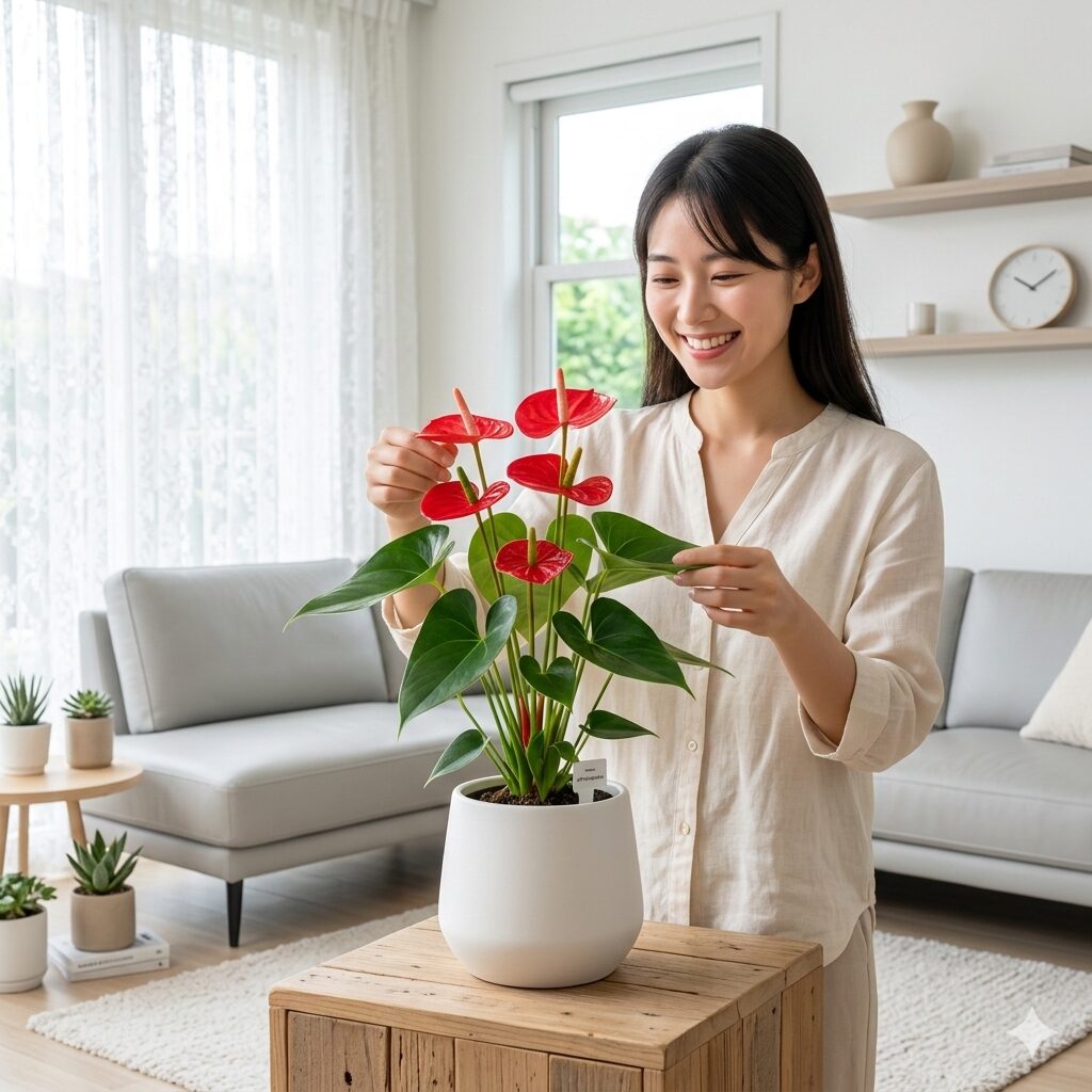 アンスリウム 赤くならない1　窓際の明るい室内で色鮮やかに育つ赤いアンスリウムの鉢植え