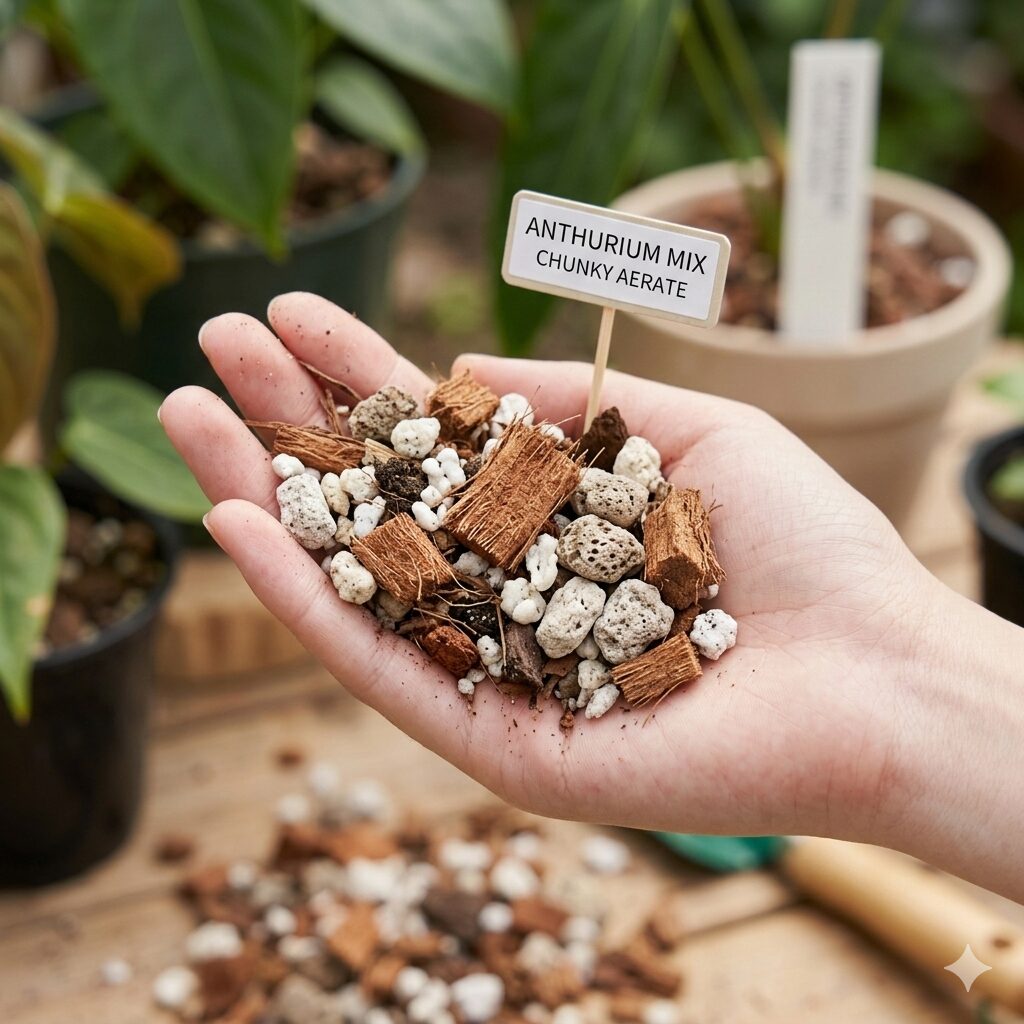 アンスリウム 赤くならない10 排水性を高めるためにベラボンや軽石を配合したアンスリウム用の土