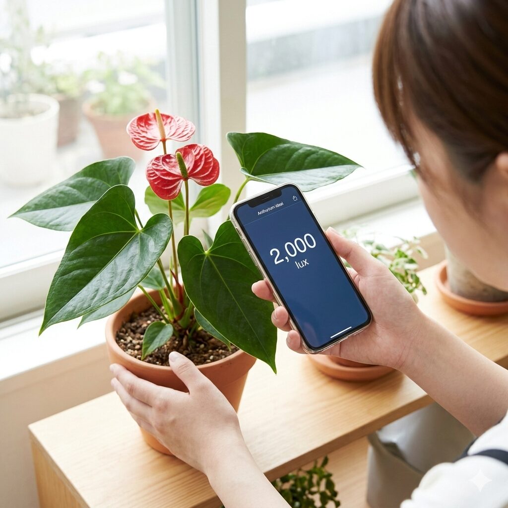 アンスリウム 赤くならない2 アンスリウムの栽培環境で照度計を使用して2,000ルクスの明るさを確認する様子