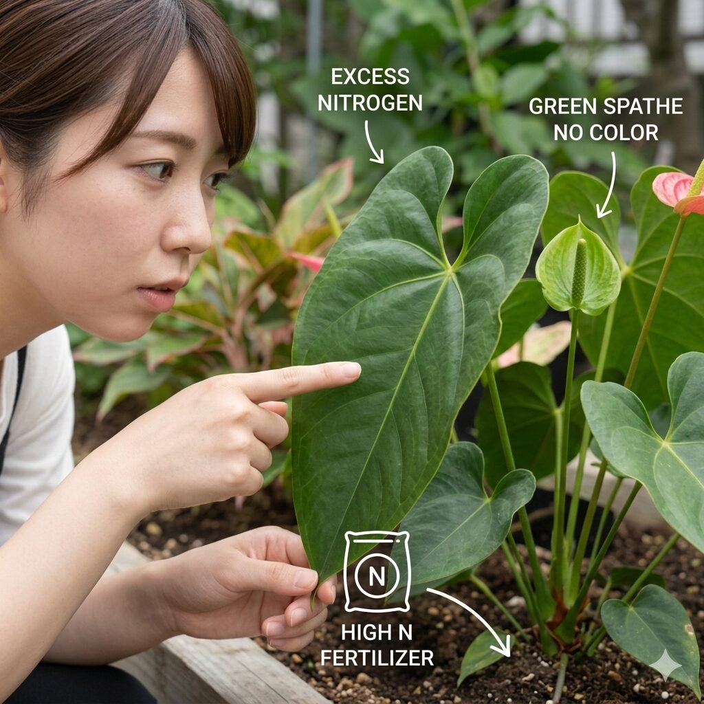 アンスリウム 赤くならない4 窒素過多で葉は元気だが花(仏炎苞)が緑色のままのアンスリウム