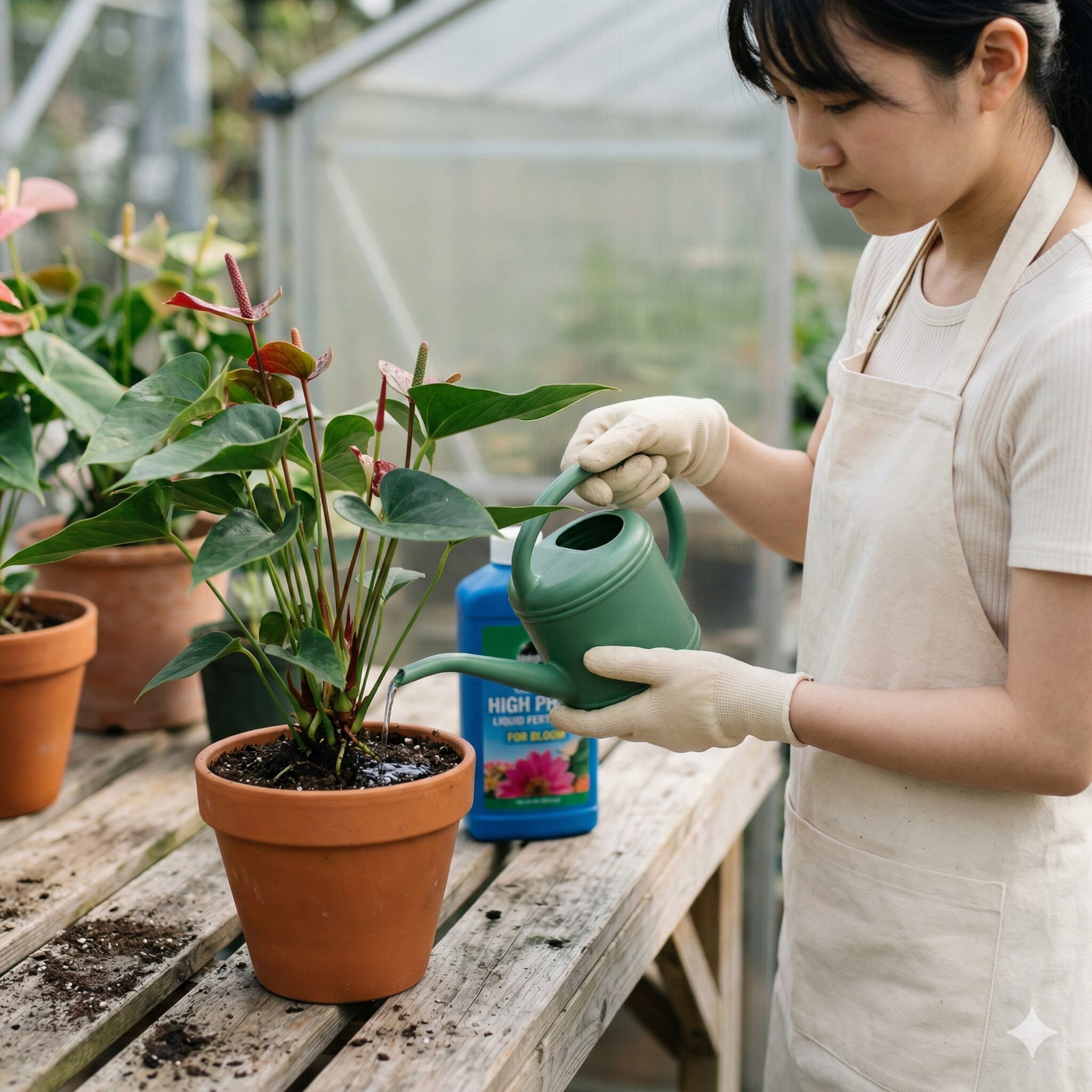 アンスリウム 赤くならない5 リン酸多めの肥料を薄めてアンスリウムの株元に与える水やり作業