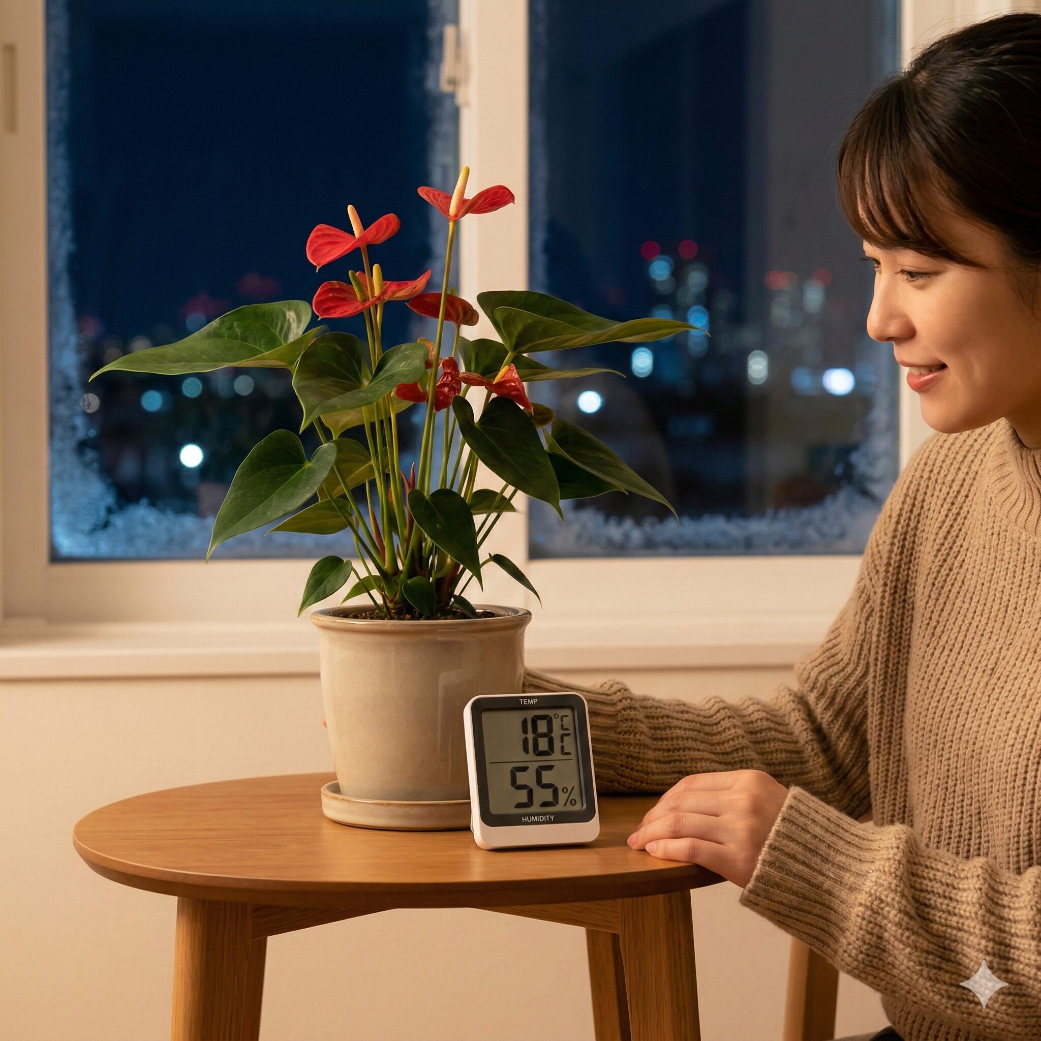 アンスリウム 赤くならない6 冬の寒さから守るため夜間にアンスリウムを部屋の中央へ移動させた様子