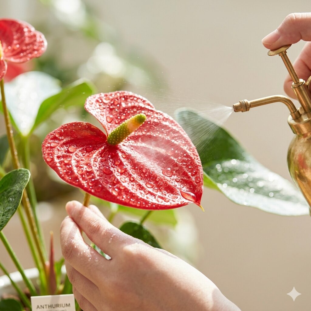 アンスリウム 赤くならない7 霧吹きで葉水を行いツヤと光沢が増したアンスリウムの仏炎苞