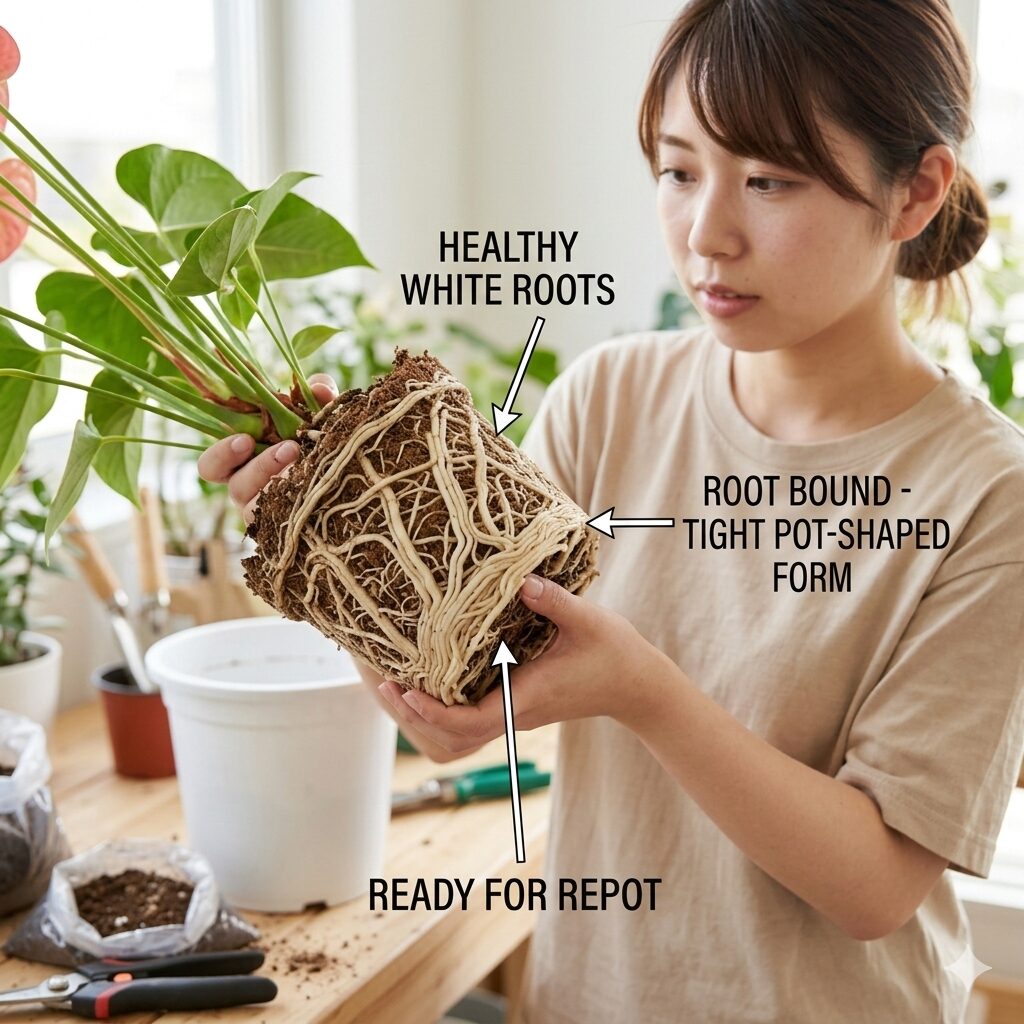 アンスリウム 赤くならない8 植え替えの目安となるアンスリウムの鉢の中に回った白い根の状態