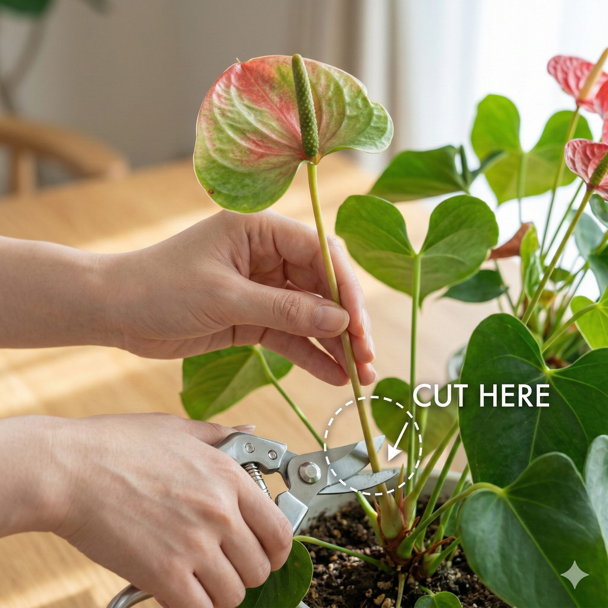 アンスリウム 赤くならない9 色あせて緑色になったアンスリウムの花を根元から剪定する手順