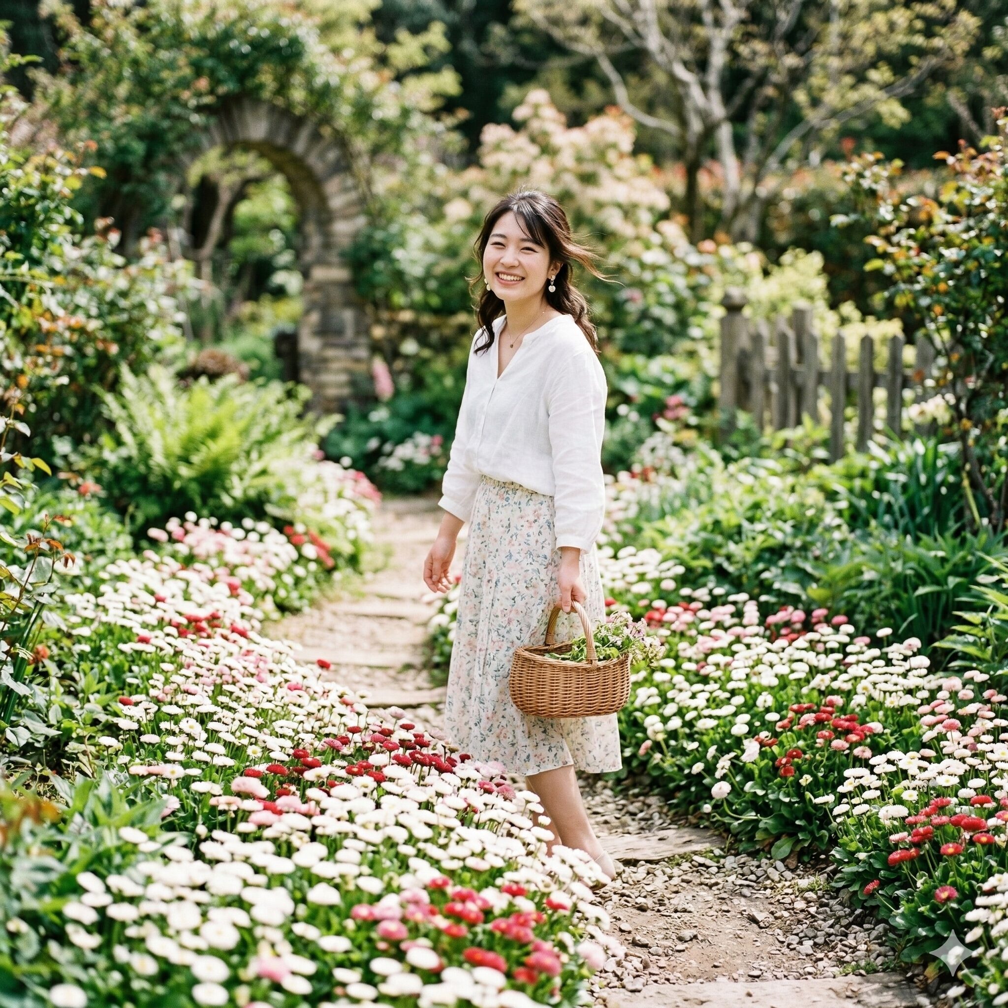 イングリッシュ デージー 育て 方1　春の庭で満開に咲くイングリッシュデージーの群生と柔らかな緑の背景