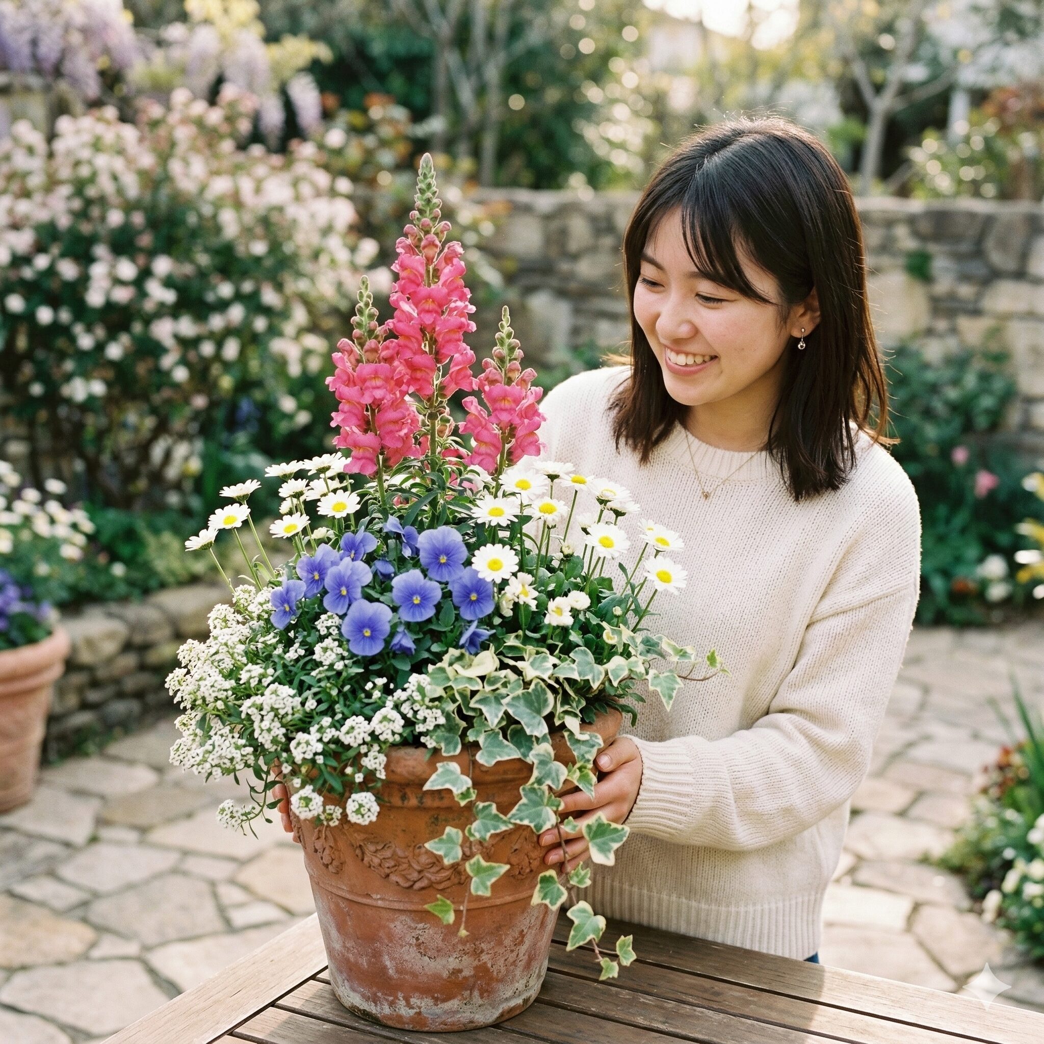 イングリッシュ デージー 育て 方10　イングリッシュデージー、ビオラ、アリッサム、キンギョソウを組み合わせた華やかな春の寄せ植え