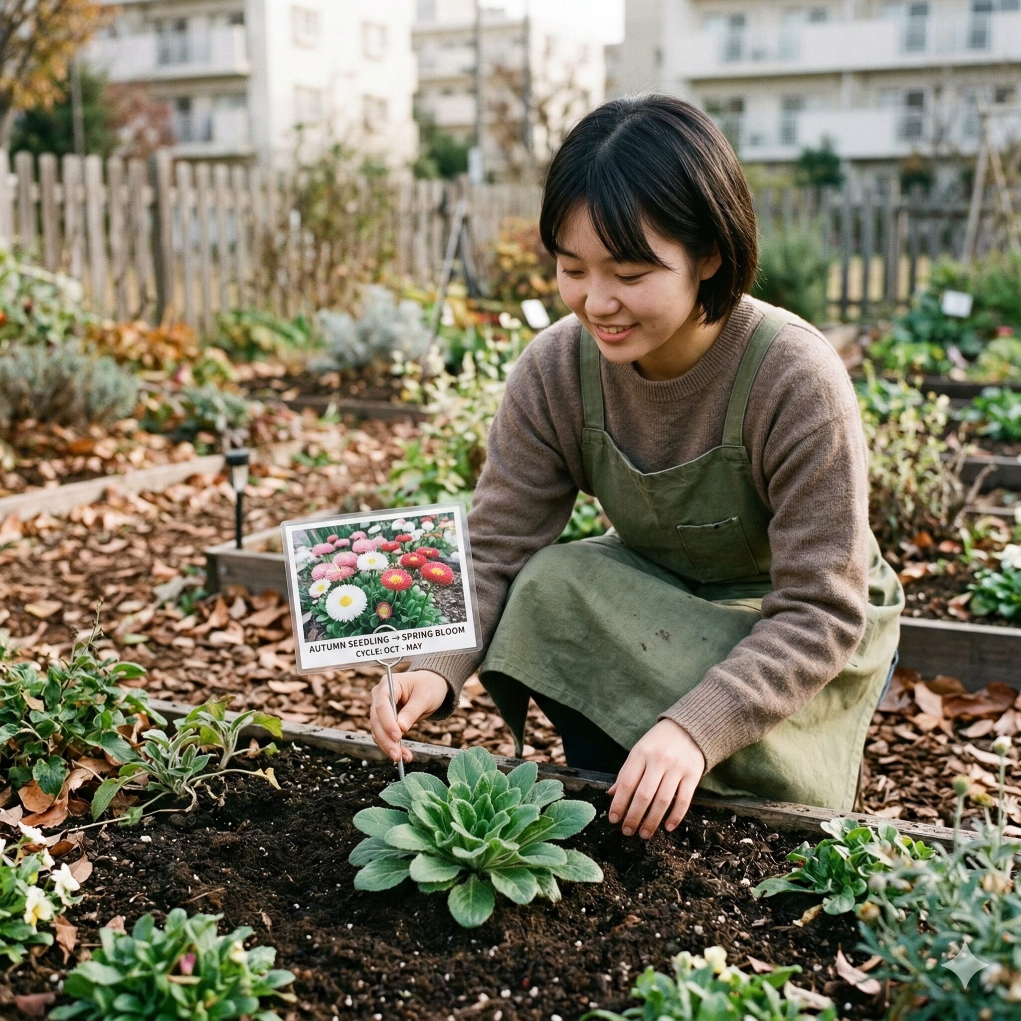 イングリッシュ デージー 育て 方2　秋に植え付けられたイングリッシュデージーの若い苗と春の開花イメージ