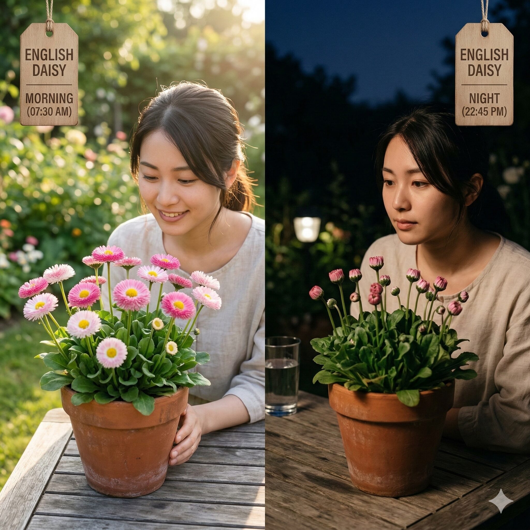 イングリッシュ デージー 育て 方3　朝に開き夜に閉じるイングリッシュデージーの花の就眠運動の対比写真