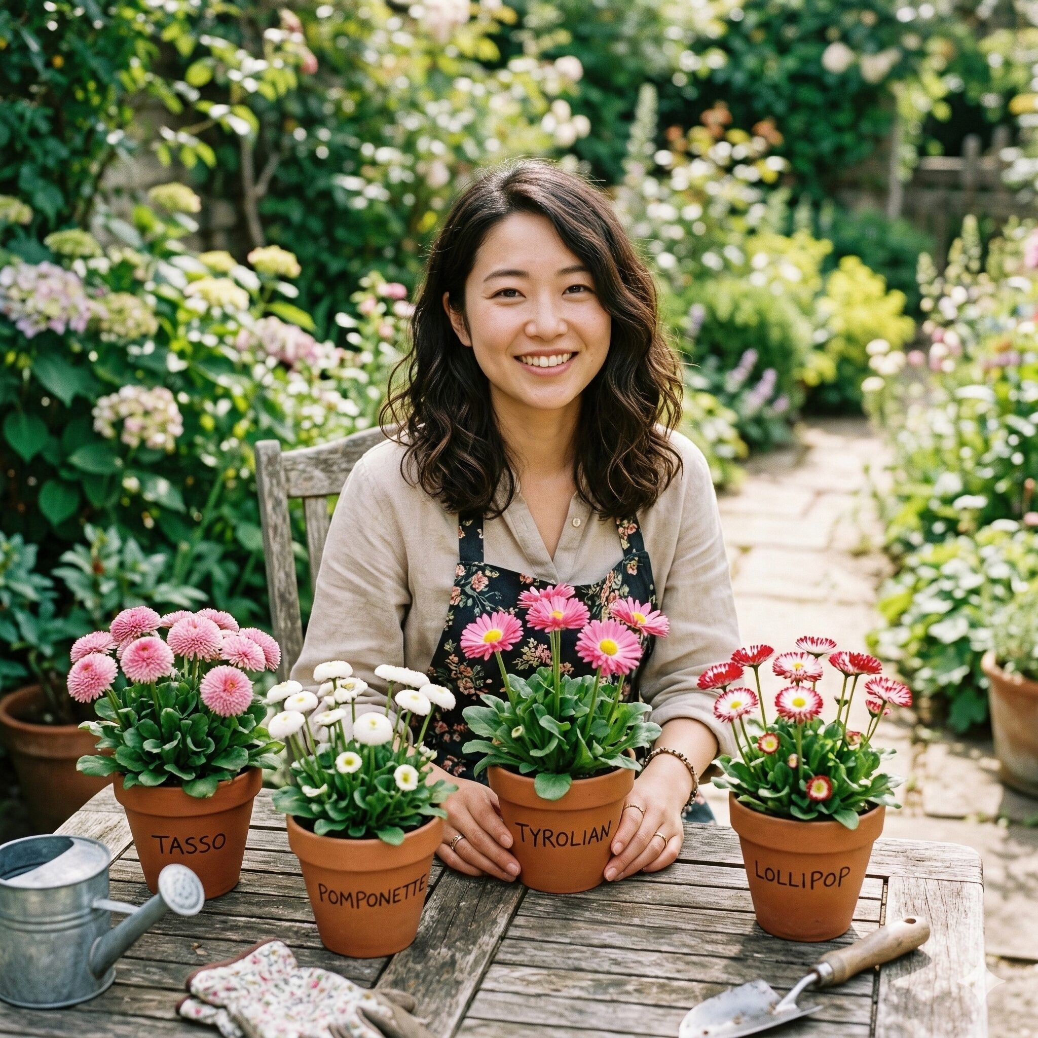 イングリッシュ デージー 育て 方4　タッソー、ポンポネット、チロリアンデージー、ロリポップなど異なる品種のイングリッシュデージーの花形の違い