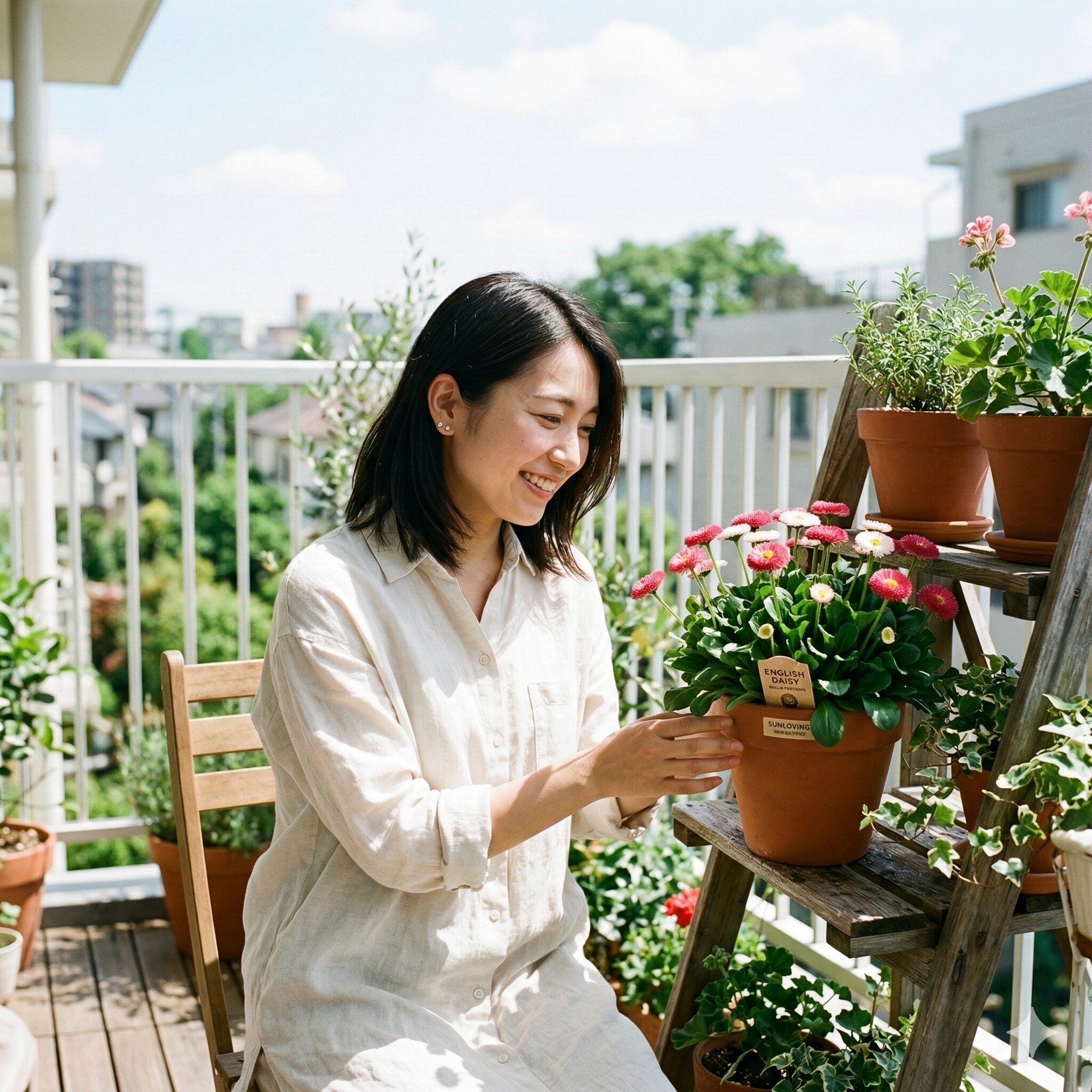 イングリッシュ デージー 育て 方　陽当たりの良い場所で元気に育つイングリッシュデージーの健康な鉢植え