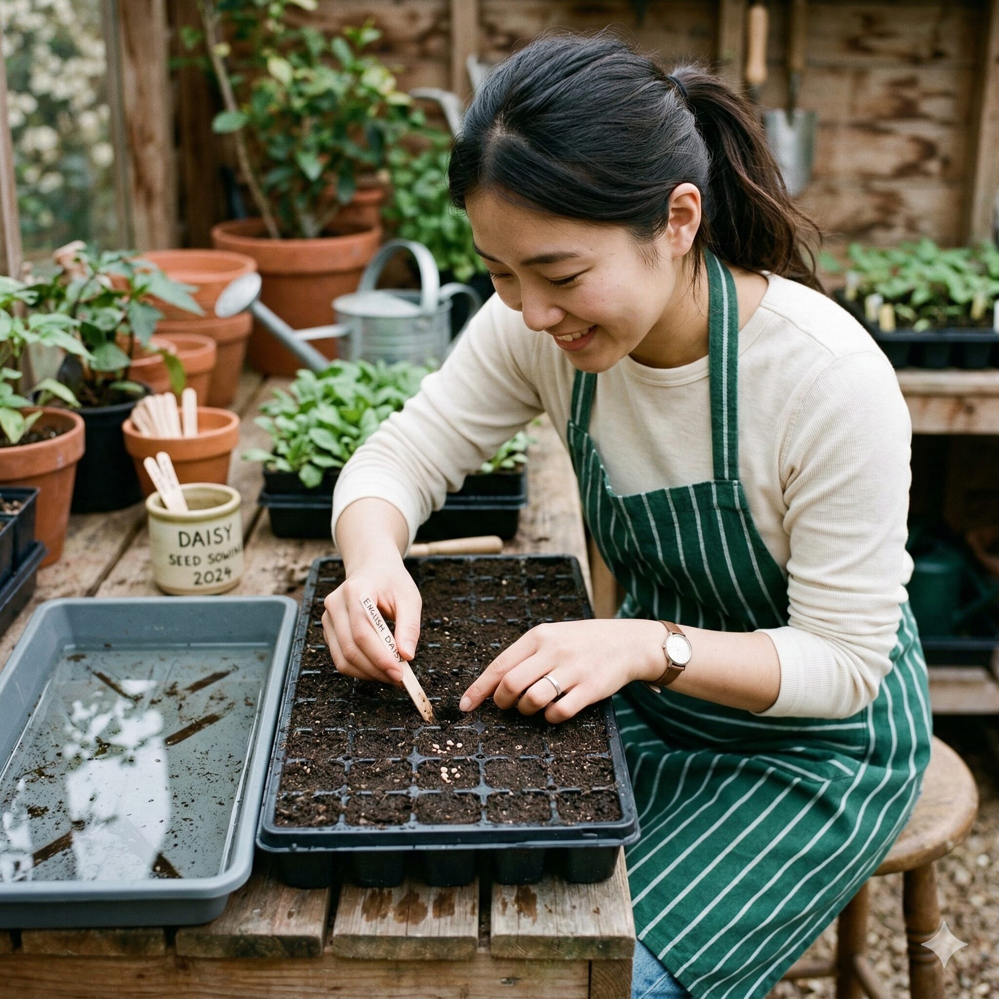 イングリッシュ デージー 育て 方7　イングリッシュデージーの好光性種子の種まき（覆土なし）と底面給水の様子