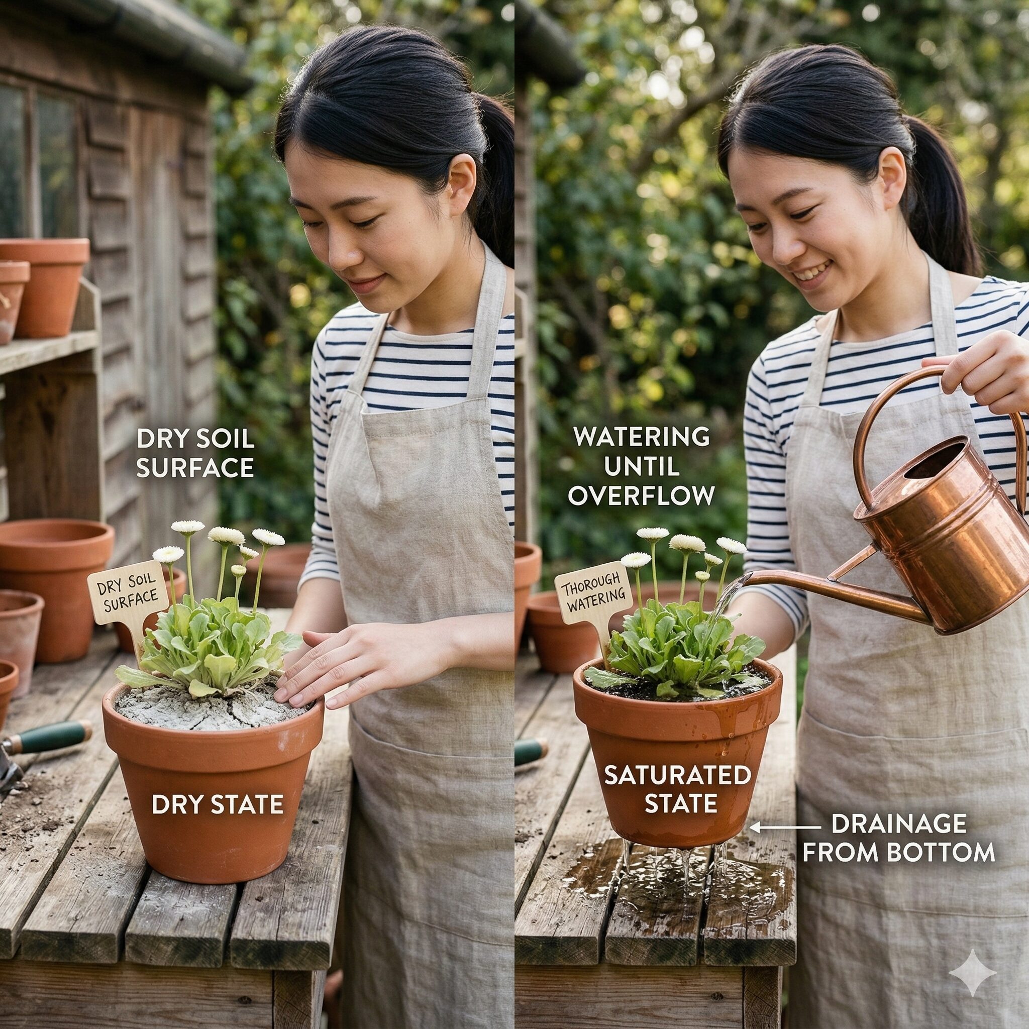 イングリッシュ デージー 育て 方8　イングリッシュデージーの土が乾いた状態とたっぷり水やりをする様子の対比