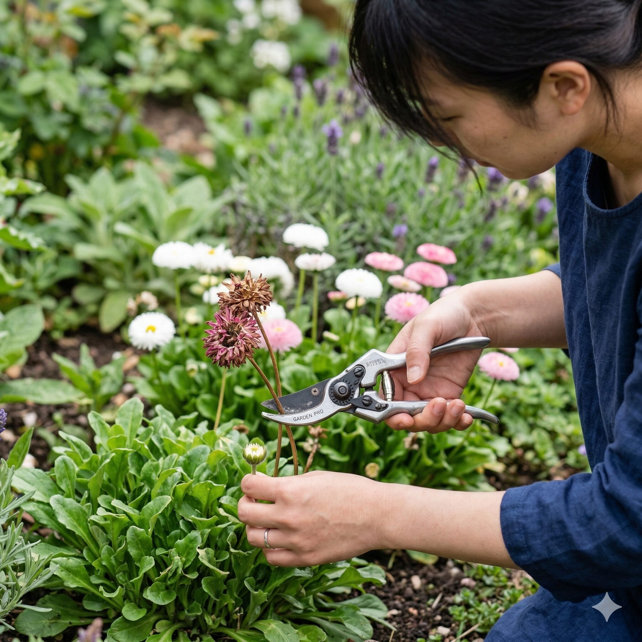 イングリッシュ デージー 育て 方9　イングリッシュデージーのしおれた花を茎の根元からカットする花がら摘みの作業手元