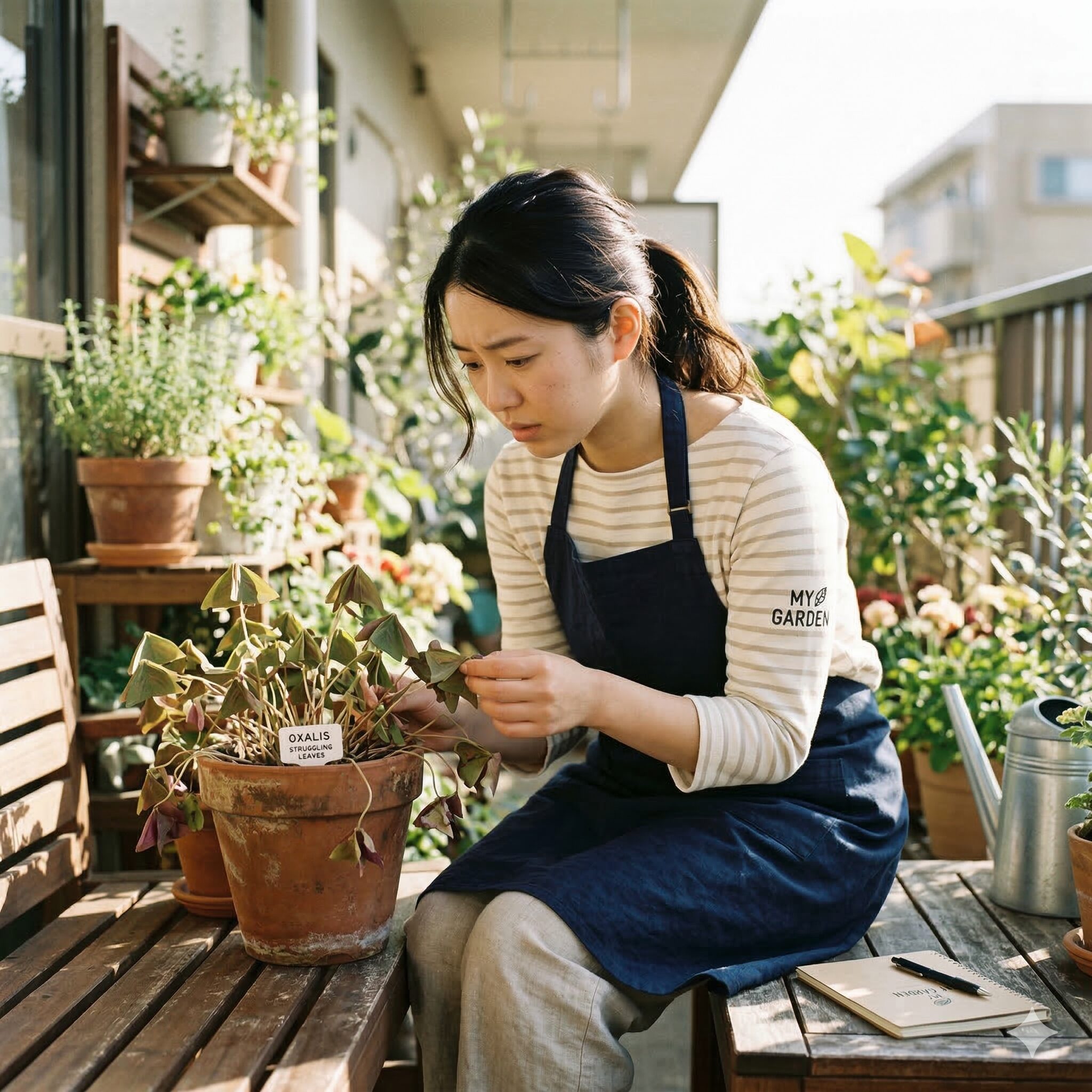オキザリス 枯れる原因1　ベランダで元気がなくなったオキザリスの鉢植えを心配そうに見つめるMy Garden編集部の女性