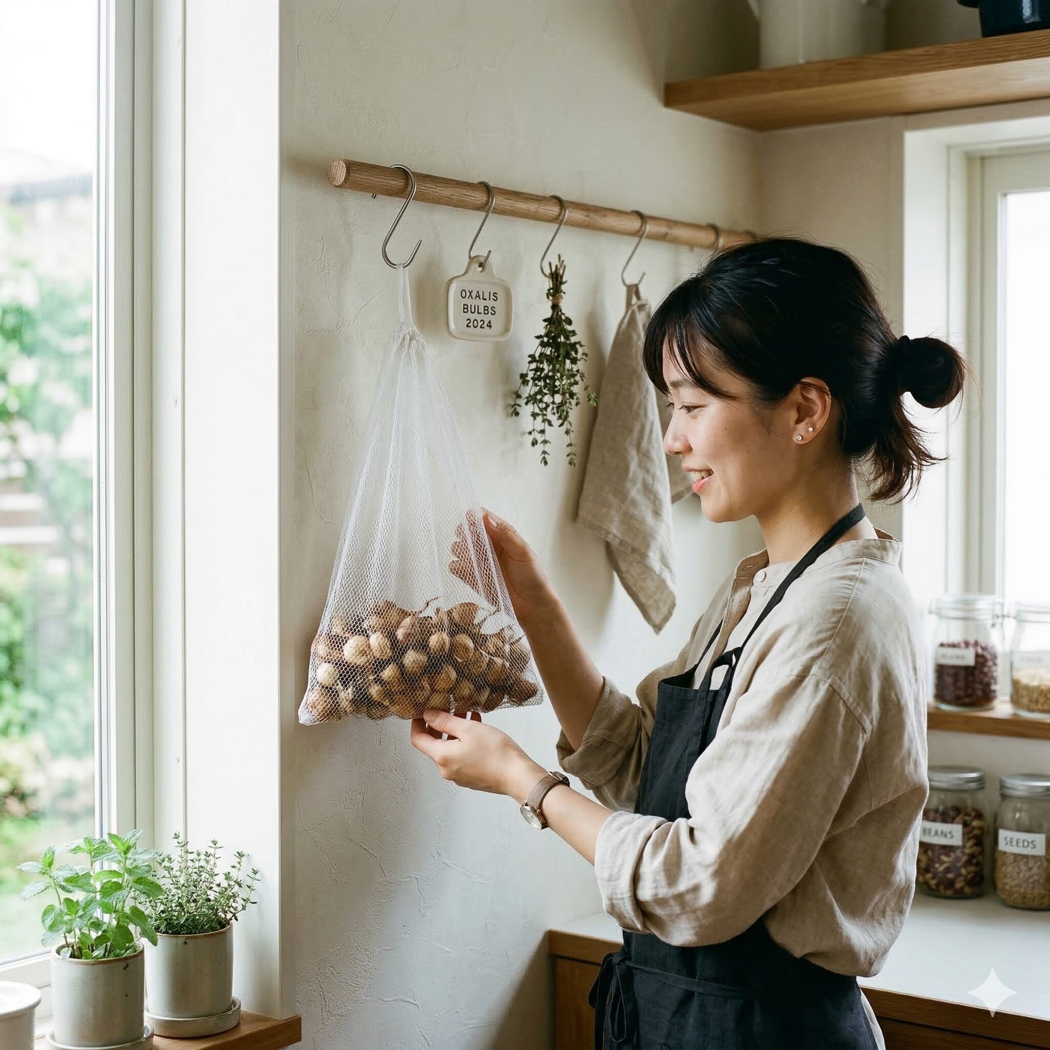 オキザリス 枯れる原因10　掘り上げたオキザリスの球根をネットに入れて風通しの良い日陰で保存する様子