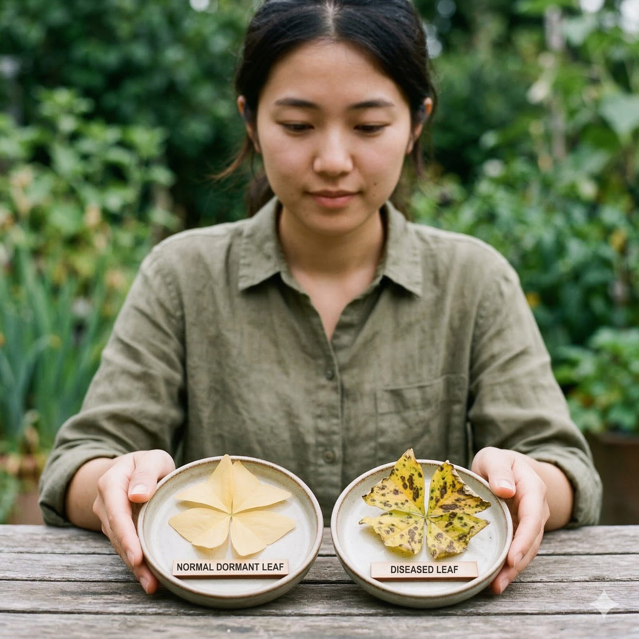 オキザリス 枯れる原因2　オキザリスの葉の比較画像。左側は正常な休眠による黄変、右側は病気による不自然な斑点